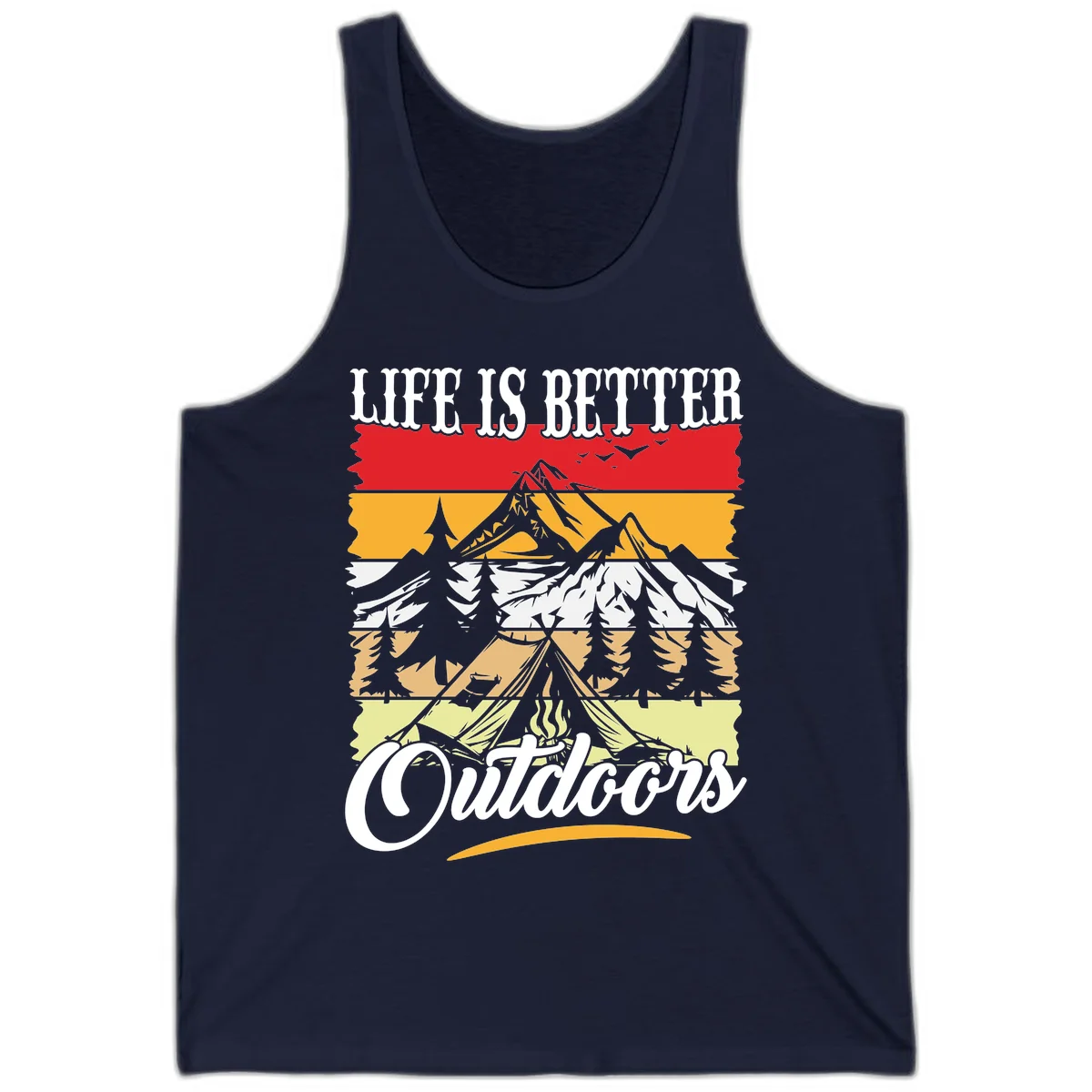 Life is better outdoors design featuring mountains, pine trees, tent and campfire across colorful horizontal stripes with white text in Navy