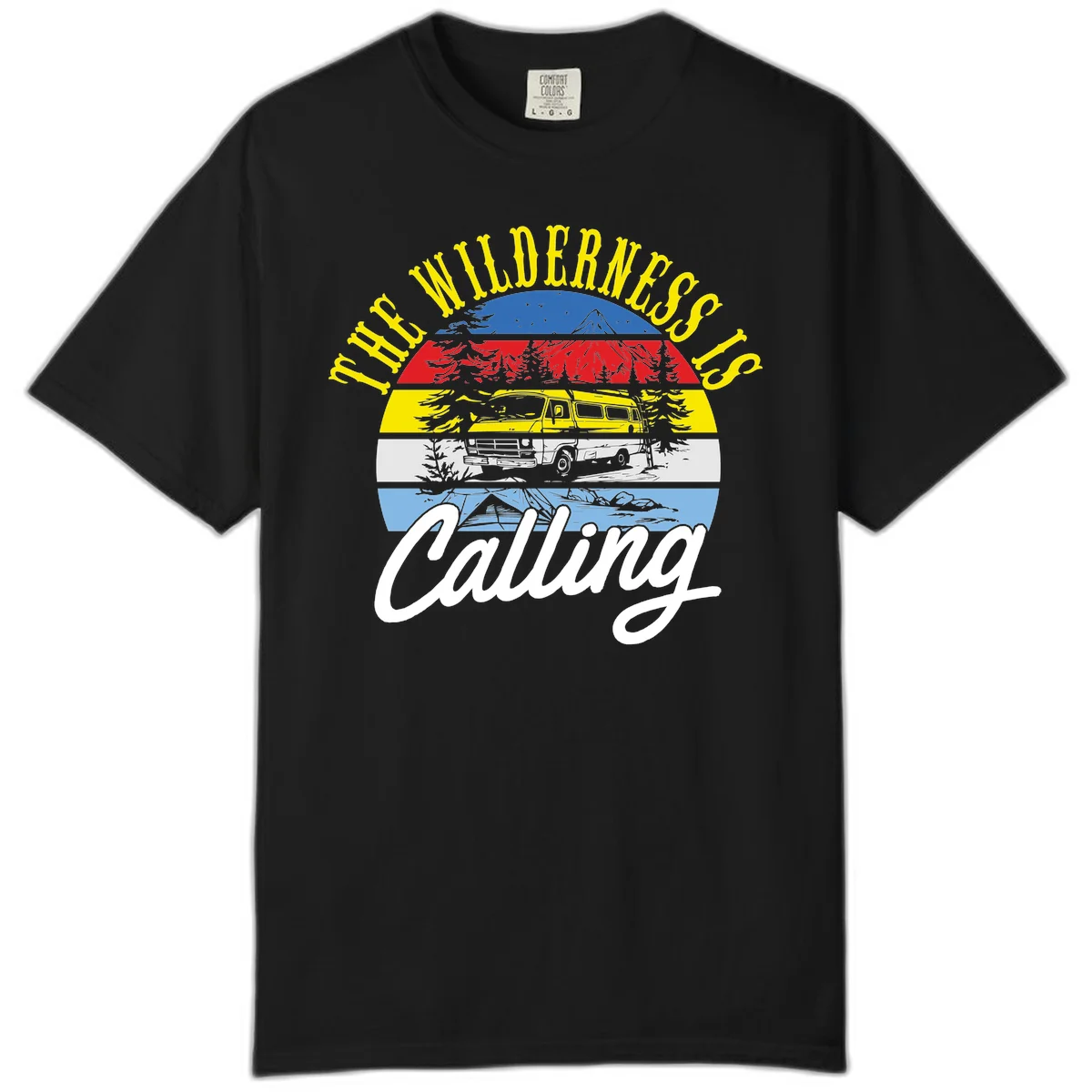 Wilderness is calling design with striped landscape, mountain, forest trees, and yellow camper van illustration in Black
