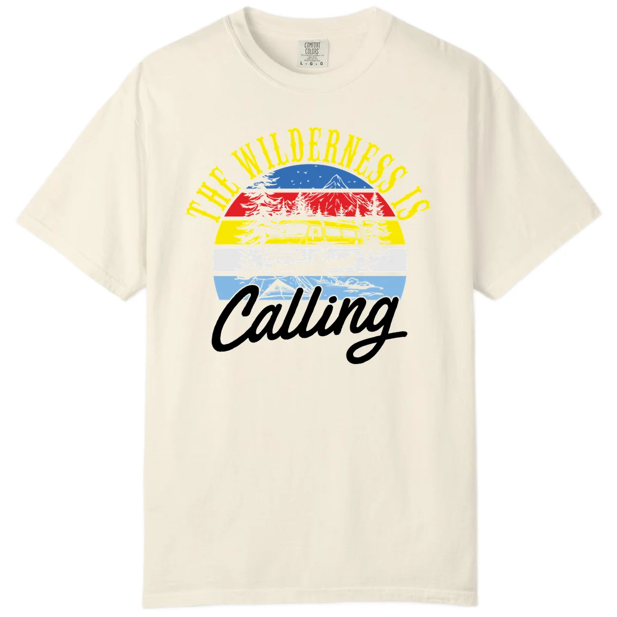 Wilderness is calling design with striped landscape, mountain, forest trees, and yellow camper van illustration in Ivory