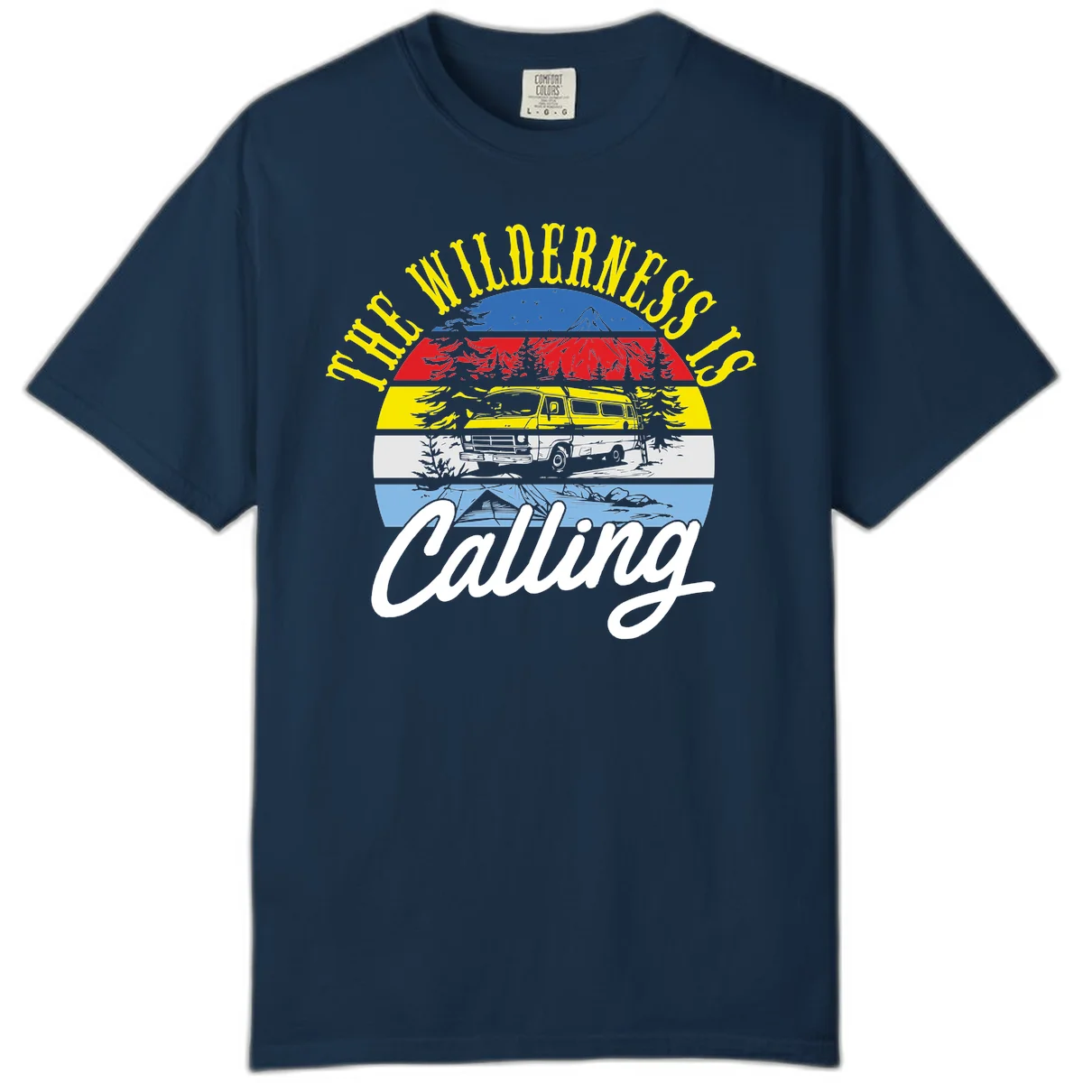 Wilderness is calling design with striped landscape, mountain, forest trees, and yellow camper van illustration in True Navy