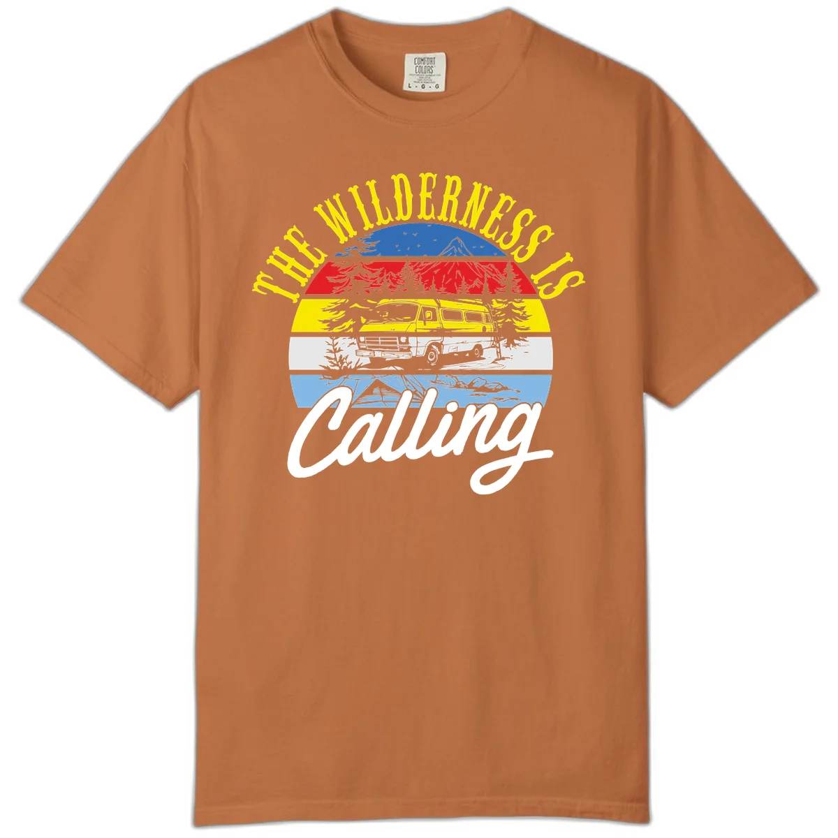 Wilderness is calling design with striped landscape, mountain, forest trees, and yellow camper van illustration in Yam