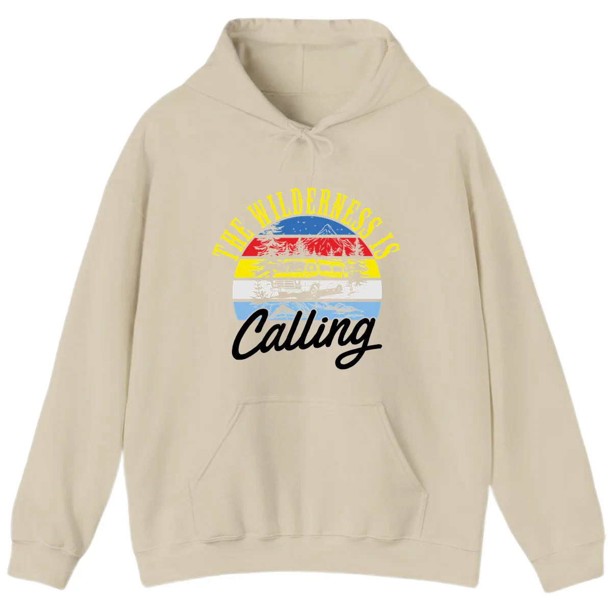 Wilderness is calling design with striped landscape, mountain, forest trees, and yellow camper van illustration in Sand