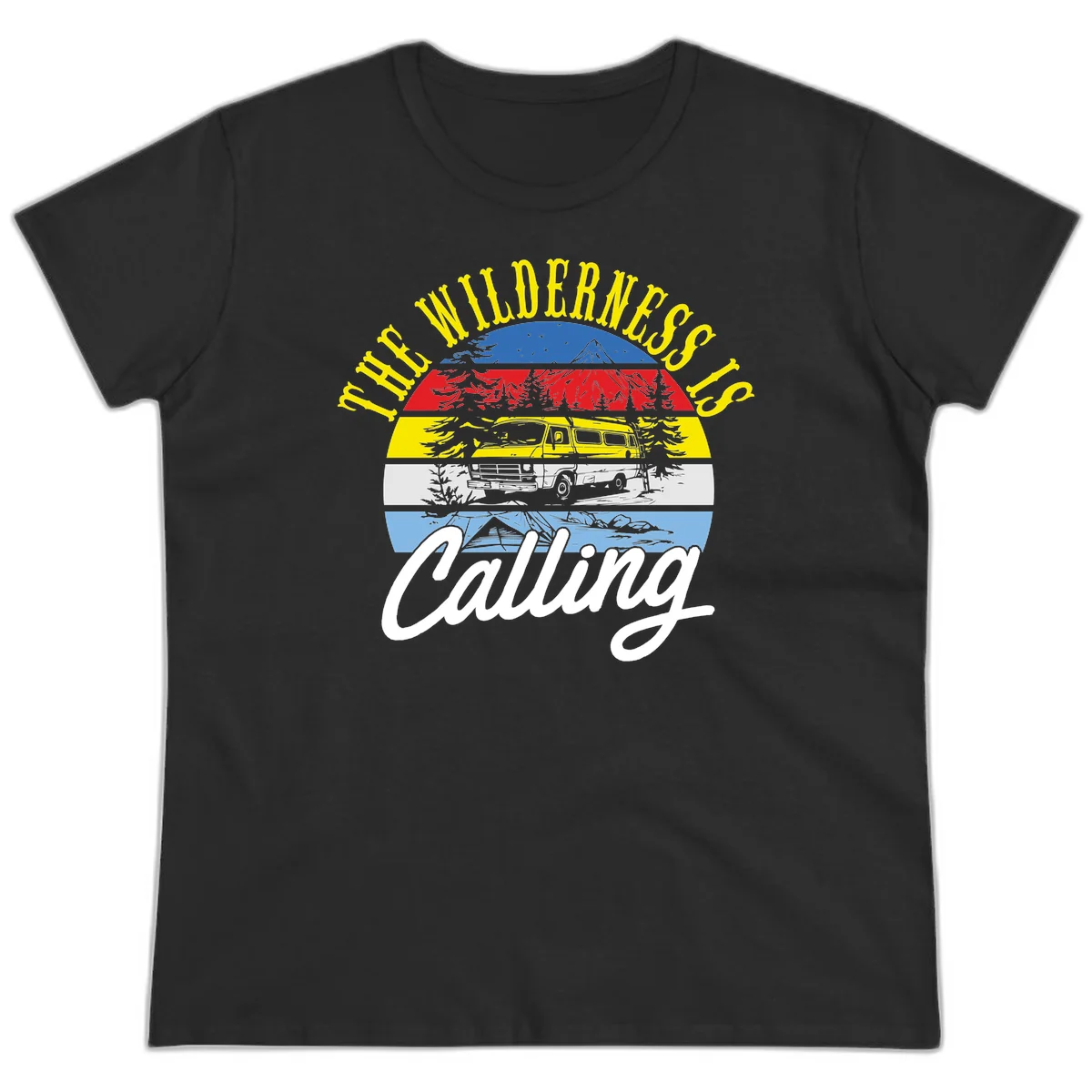 Wilderness is calling design with striped landscape, mountain, forest trees, and yellow camper van illustration in Black