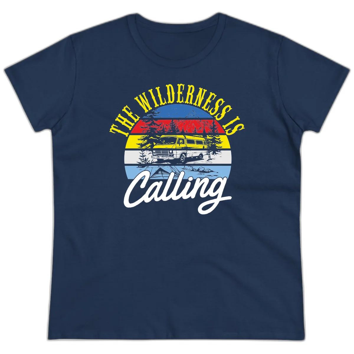 Wilderness is calling design with striped landscape, mountain, forest trees, and yellow camper van illustration in Navy