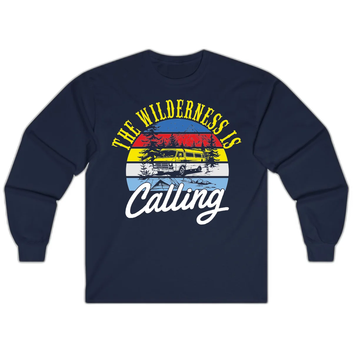 Wilderness is calling design with striped landscape, mountain, forest trees, and yellow camper van illustration in Navy