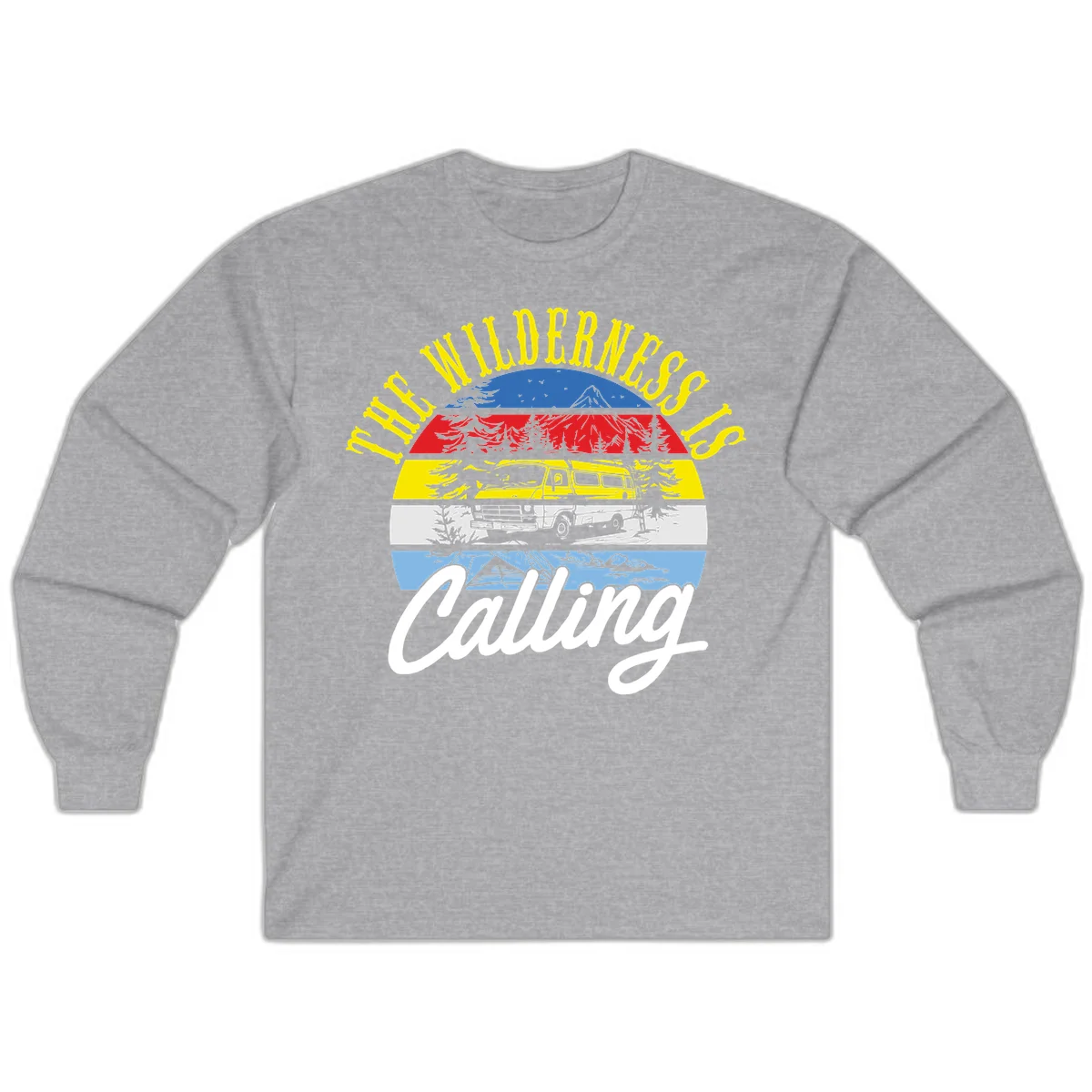Wilderness is calling design with striped landscape, mountain, forest trees, and yellow camper van illustration in Sport Grey