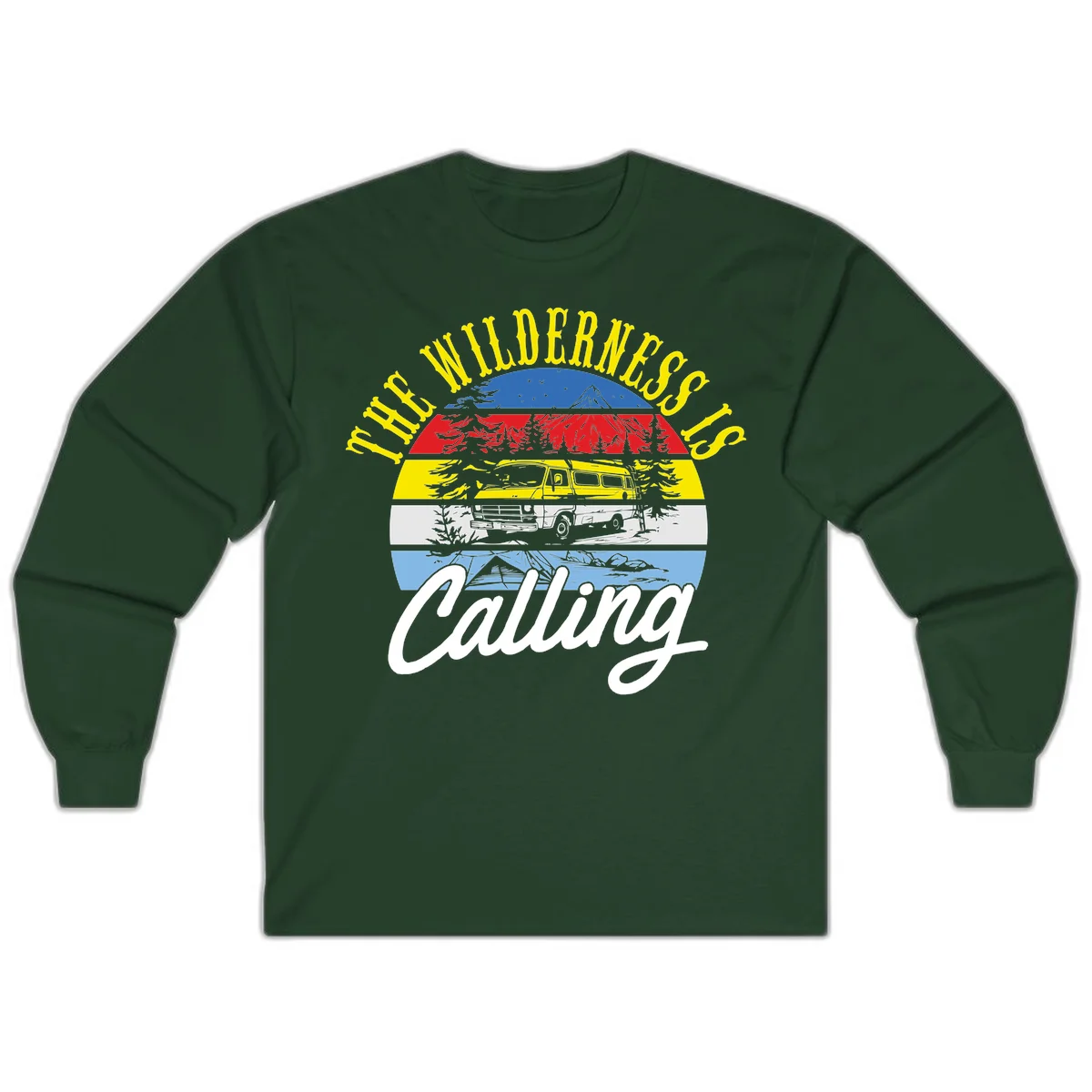 Wilderness is calling design with striped landscape, mountain, forest trees, and yellow camper van illustration in Forest Green