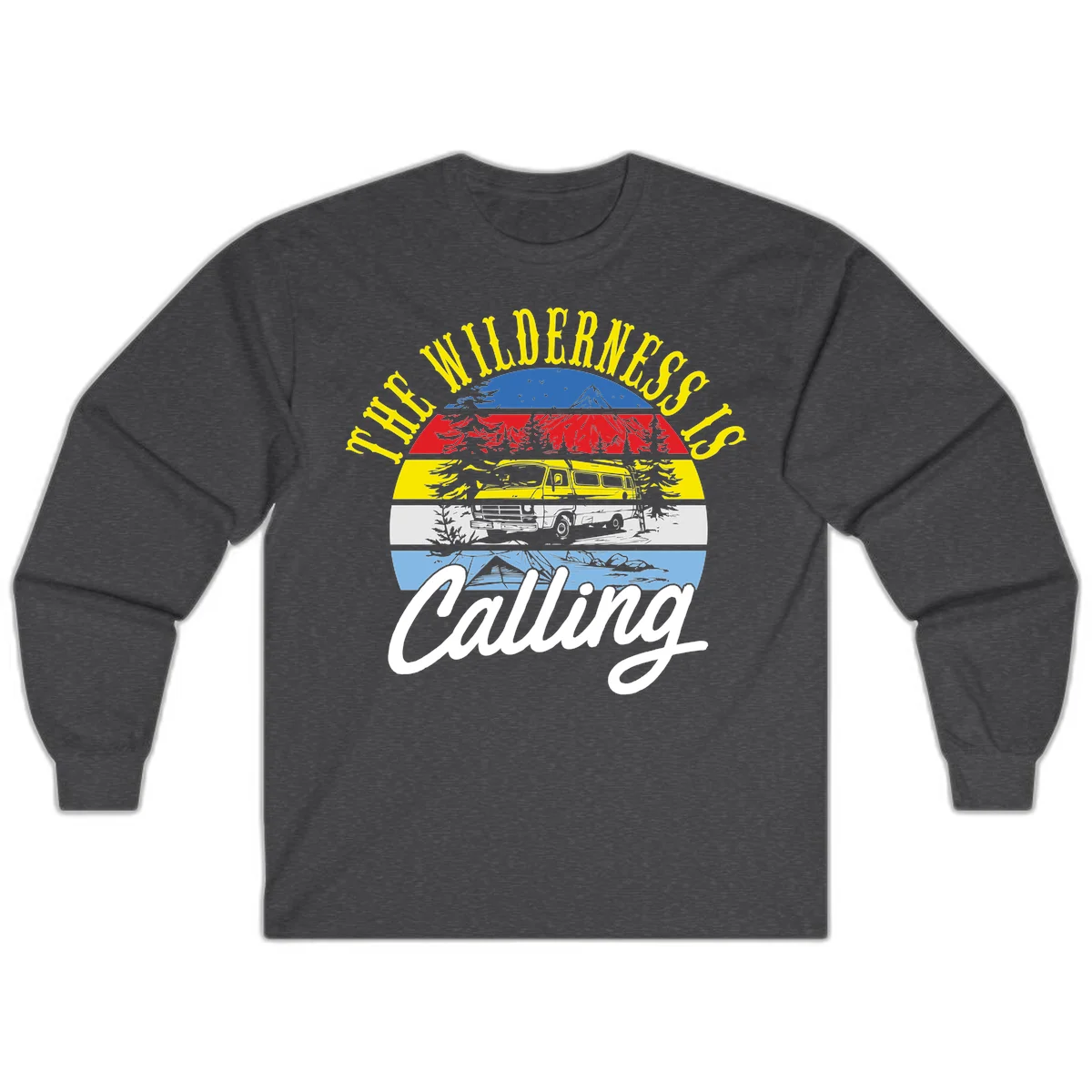 Wilderness is calling design with striped landscape, mountain, forest trees, and yellow camper van illustration in Dark Heather