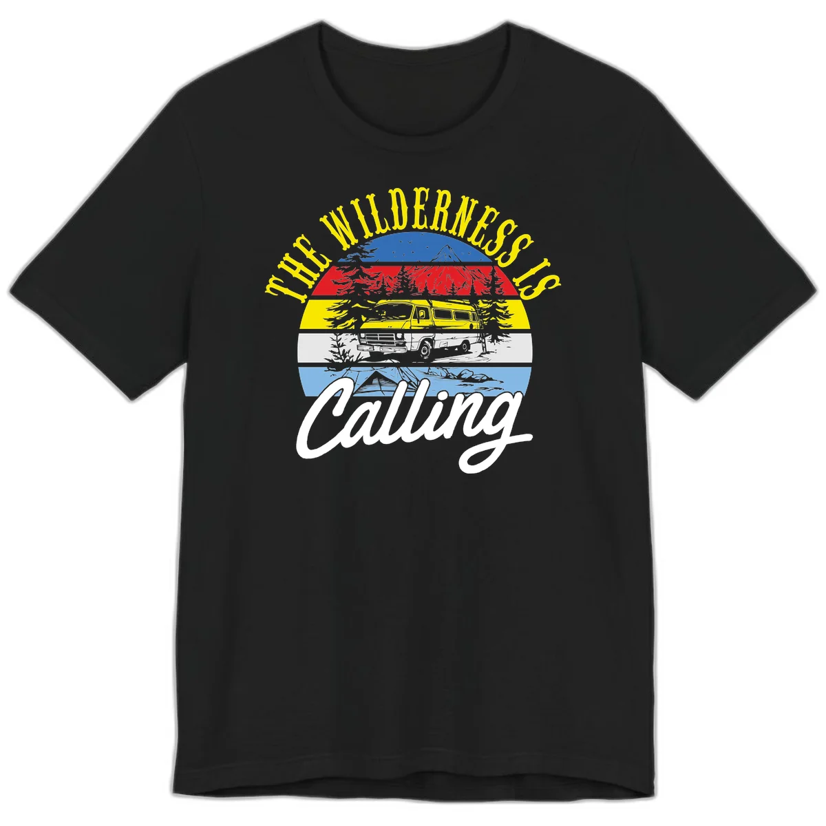 Wilderness is calling design with striped landscape, mountain, forest trees, and yellow camper van illustration in Black