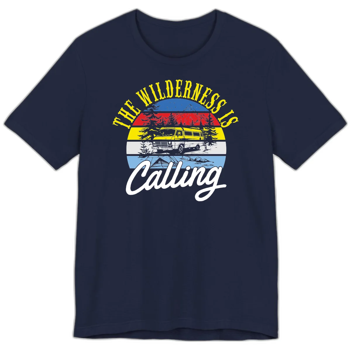 Wilderness is calling design with striped landscape, mountain, forest trees, and yellow camper van illustration in Navy