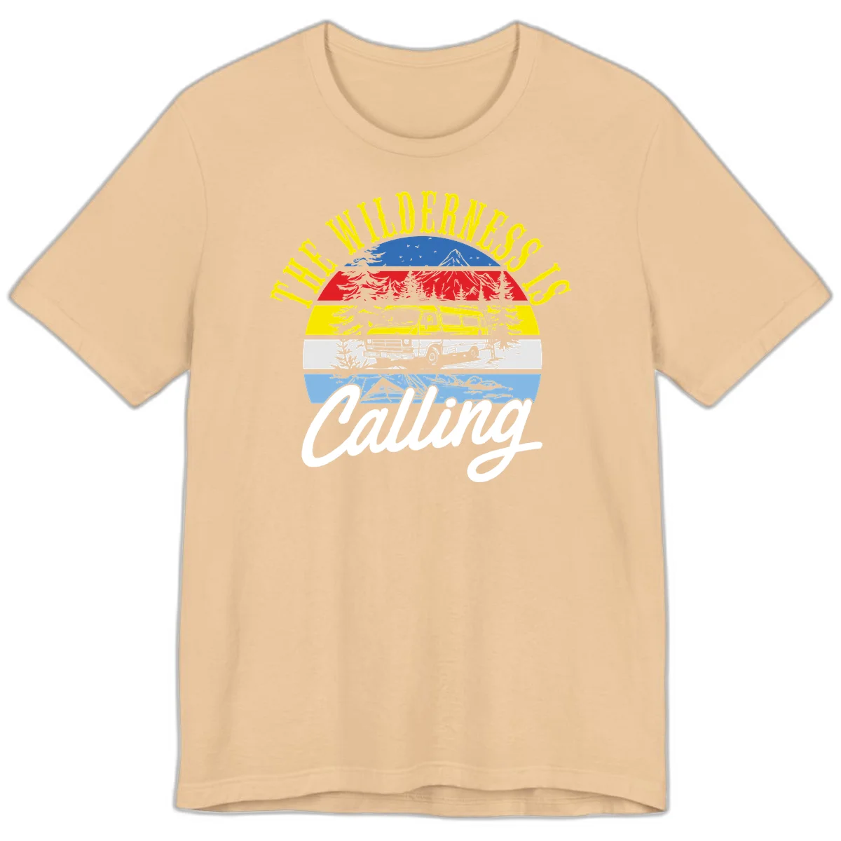 Wilderness is calling design with striped landscape, mountain, forest trees, and yellow camper van illustration in Sand Dune