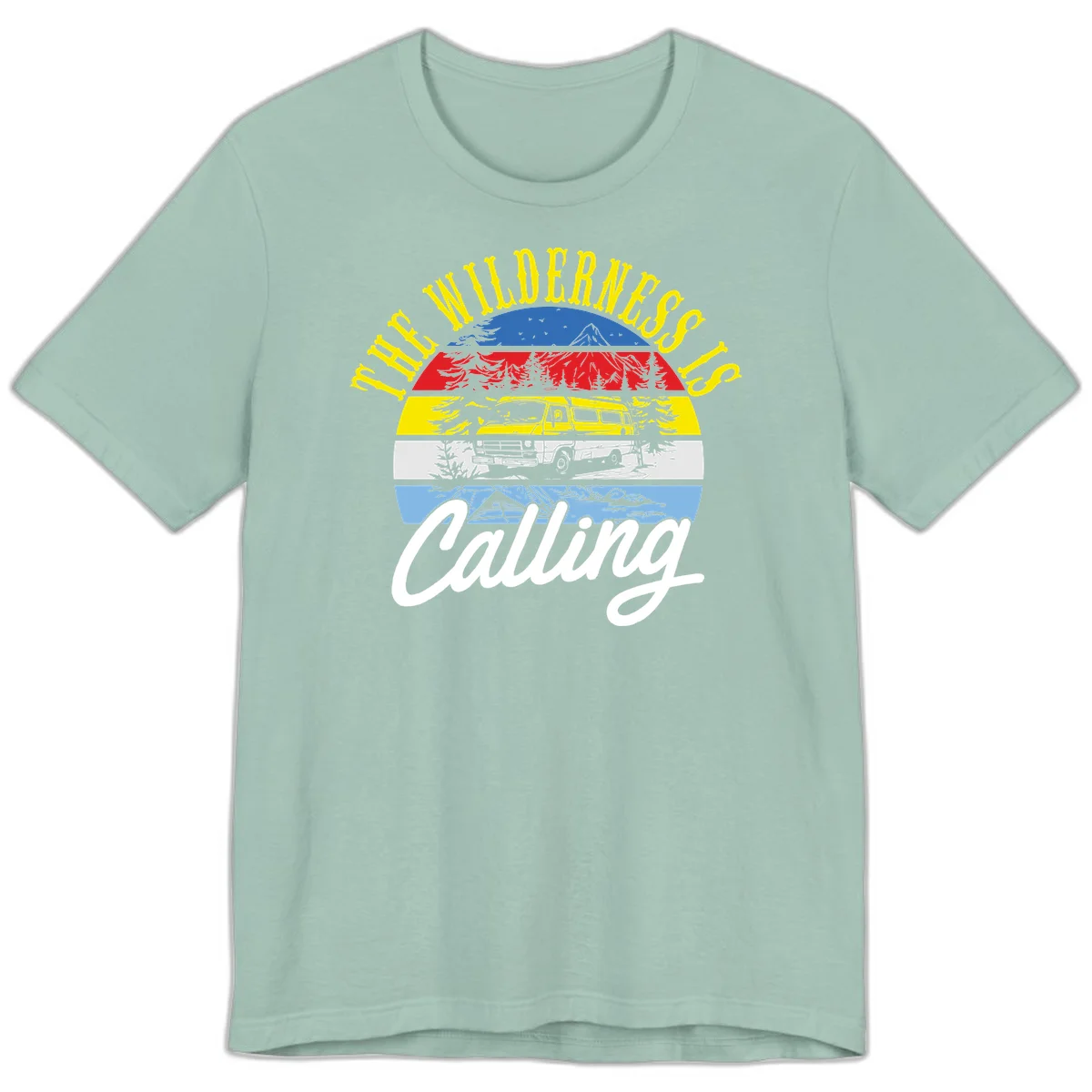 Wilderness is calling design with striped landscape, mountain, forest trees, and yellow camper van illustration in Dusty Blue