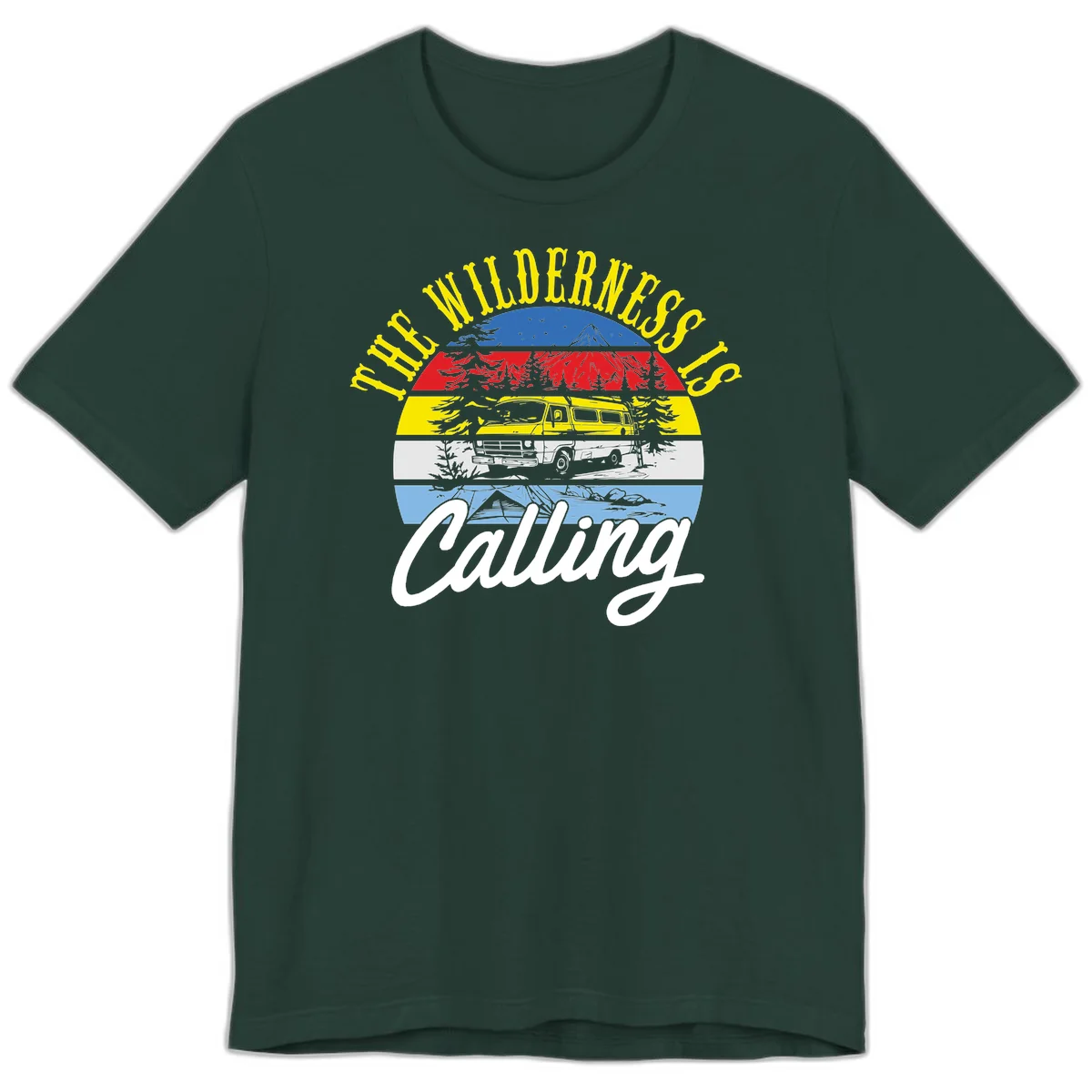 Wilderness is calling design with striped landscape, mountain, forest trees, and yellow camper van illustration in Forest