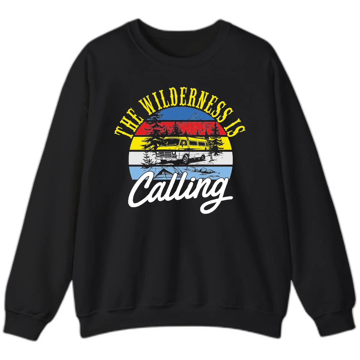 Wilderness is calling design with striped landscape, mountain, forest trees, and yellow camper van illustration in Black