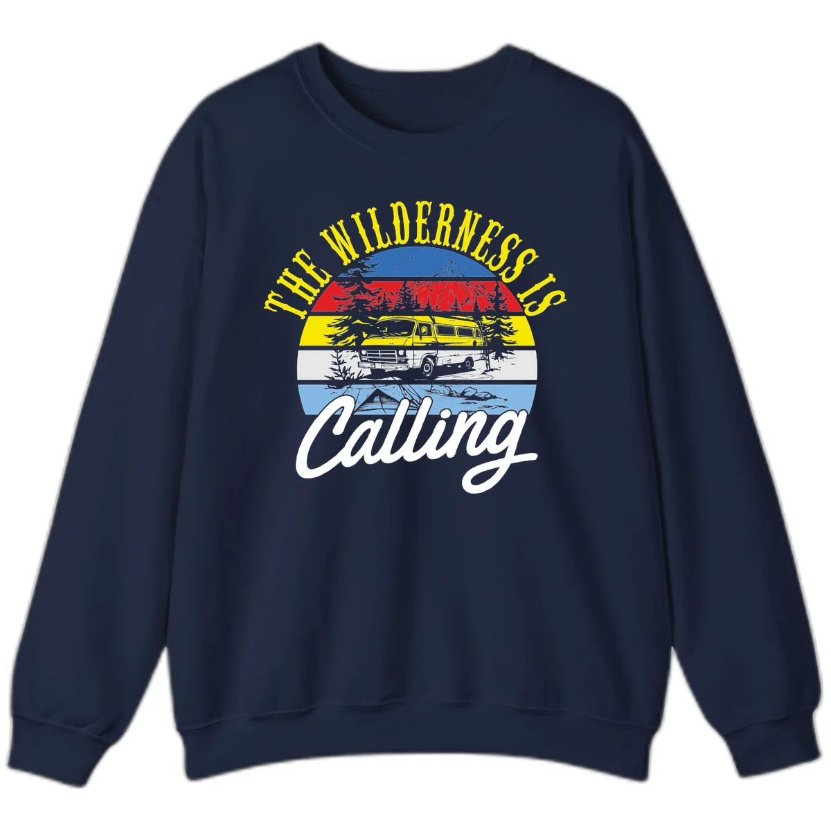 Wilderness is calling design with striped landscape, mountain, forest trees, and yellow camper van illustration in Navy