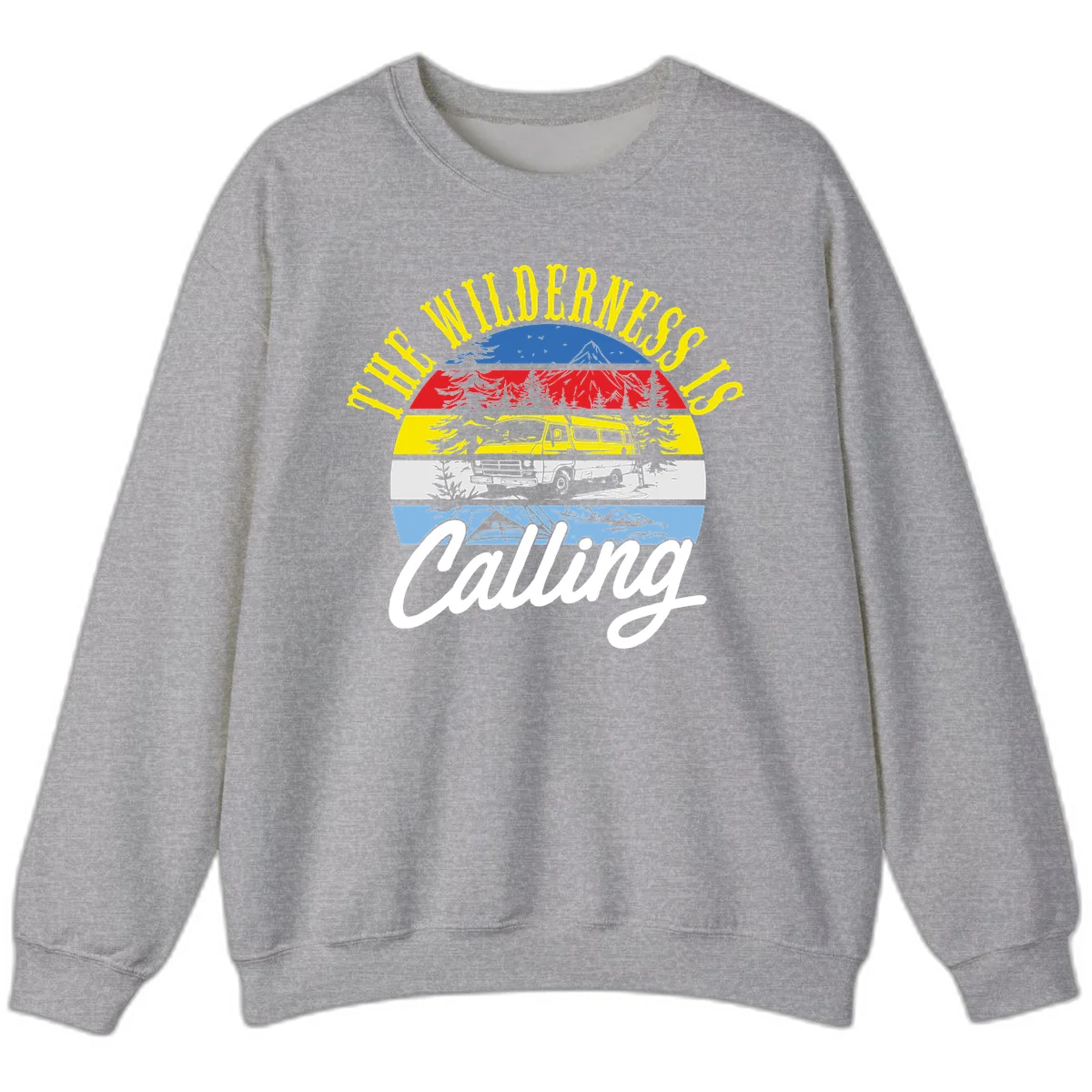 Wilderness is calling design with striped landscape, mountain, forest trees, and yellow camper van illustration in Sport Grey