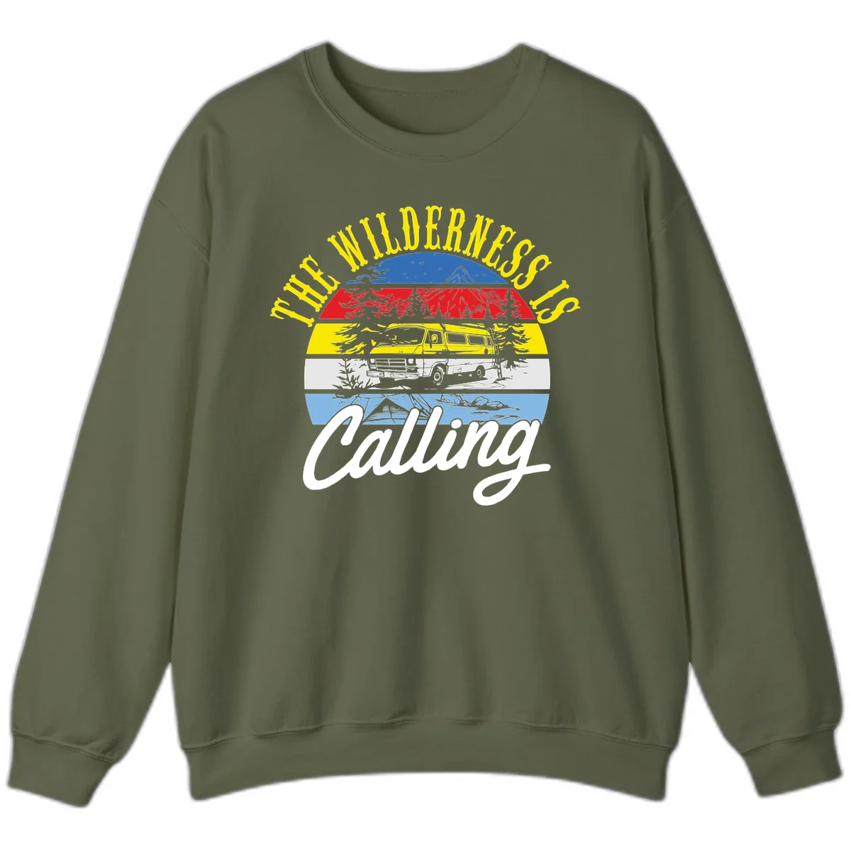 Wilderness is calling design with striped landscape, mountain, forest trees, and yellow camper van illustration in Military Green