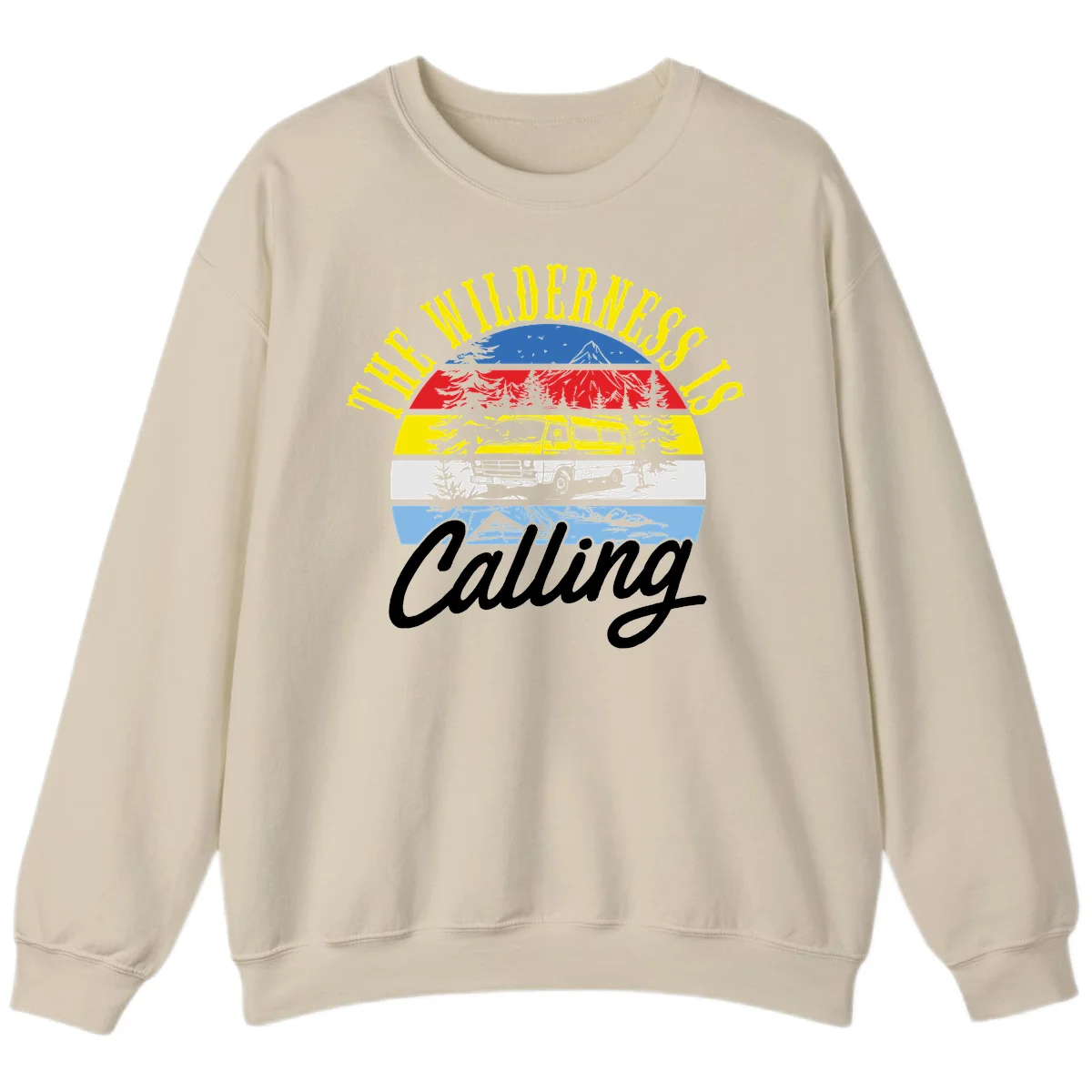 Wilderness is calling design with striped landscape, mountain, forest trees, and yellow camper van illustration in Sand
