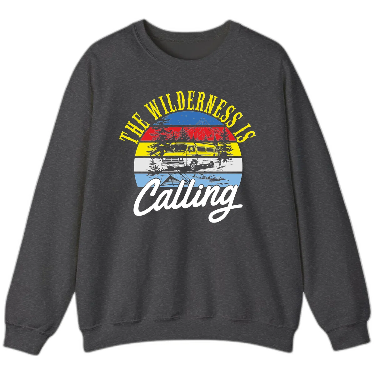 Wilderness is calling design with striped landscape, mountain, forest trees, and yellow camper van illustration in Dark Heather