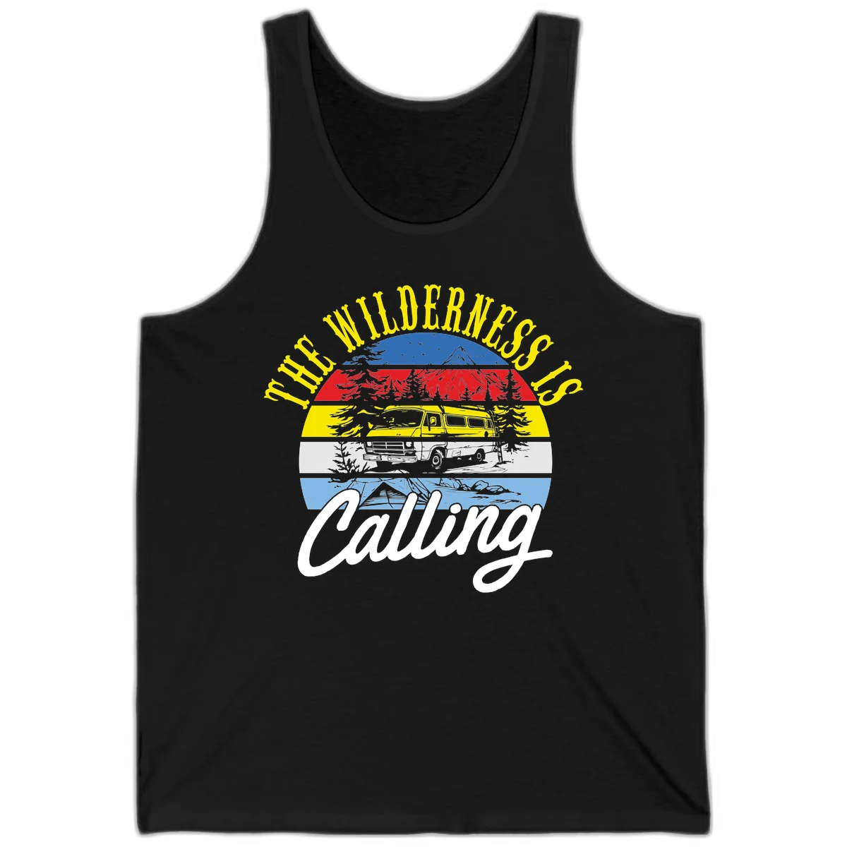 Wilderness is calling design with striped landscape, mountain, forest trees, and yellow camper van illustration in Black