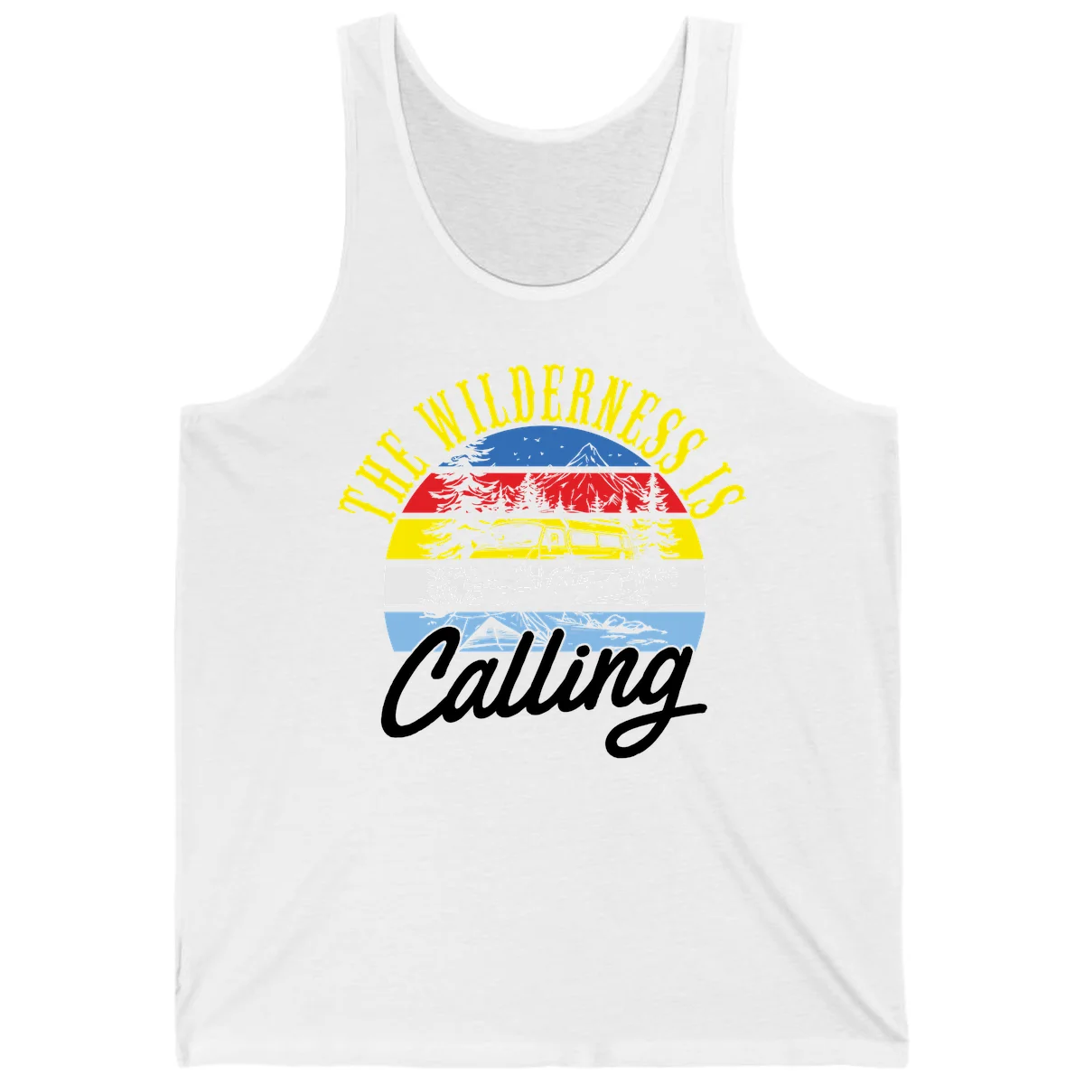 Wilderness is calling design with striped landscape, mountain, forest trees, and yellow camper van illustration in White