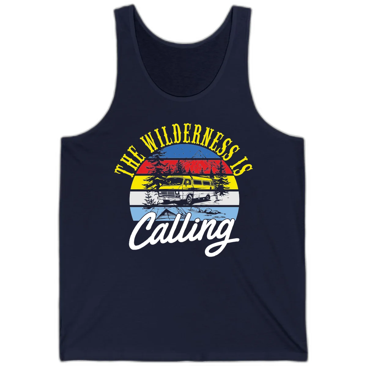 Wilderness is calling design with striped landscape, mountain, forest trees, and yellow camper van illustration in Navy