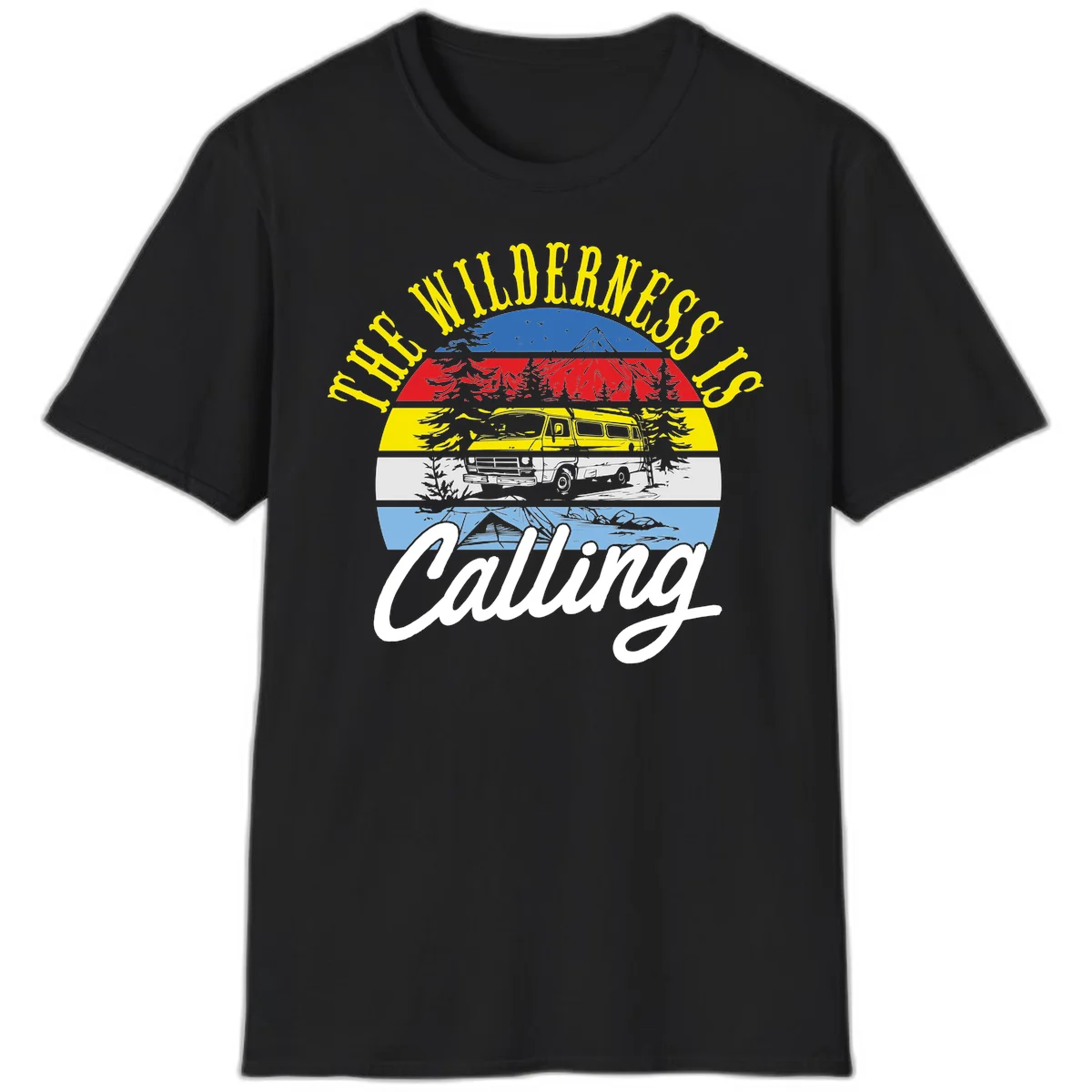 Wilderness is calling design with striped landscape, mountain, forest trees, and yellow camper van illustration in Black