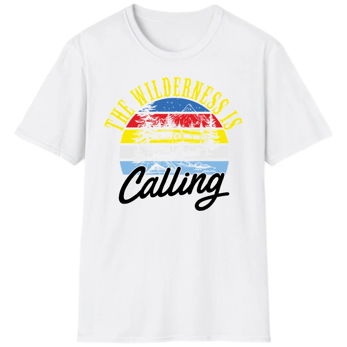Wilderness is calling design with striped landscape, mountain, forest trees, and yellow camper van illustration in White