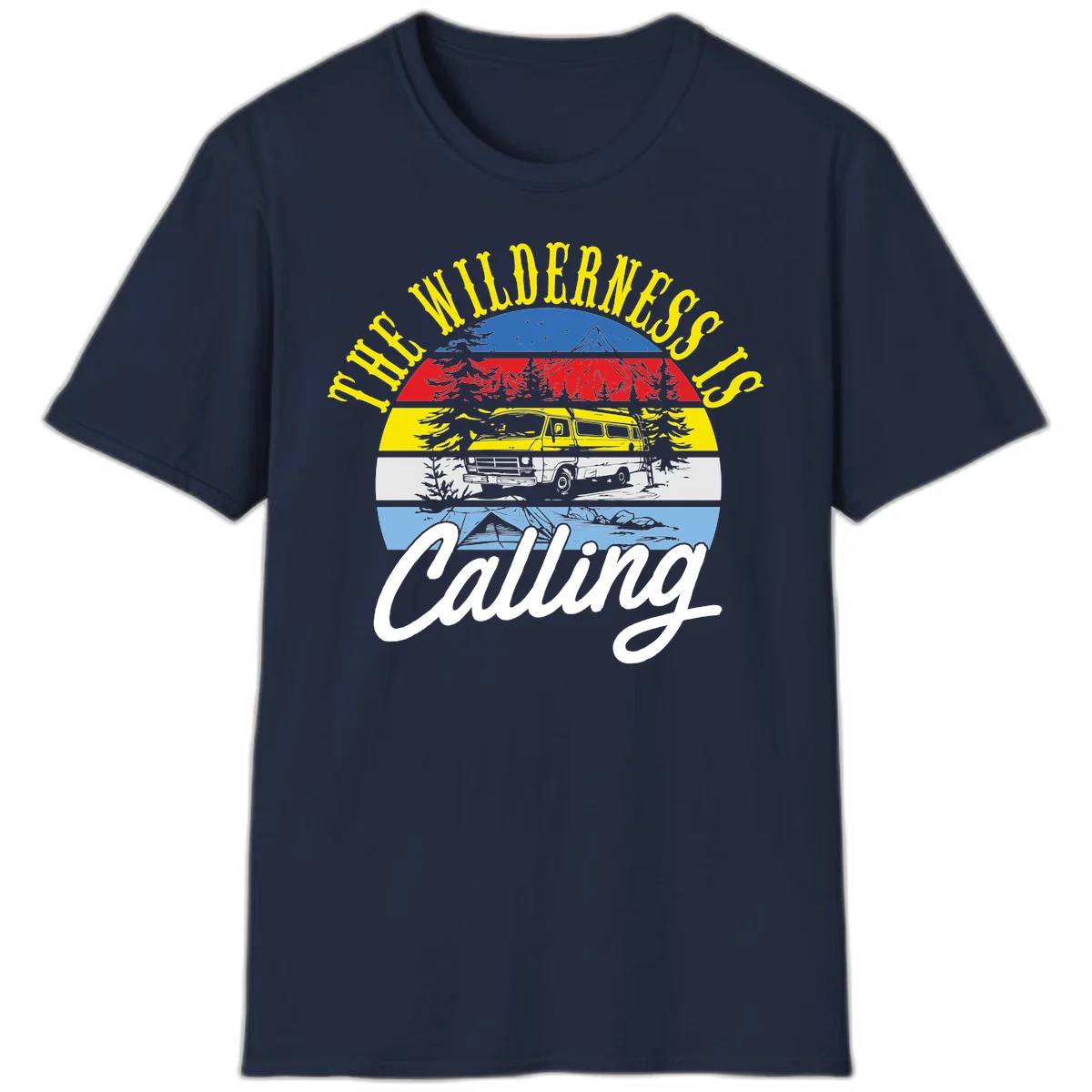 Wilderness is calling design with striped landscape, mountain, forest trees, and yellow camper van illustration in Navy