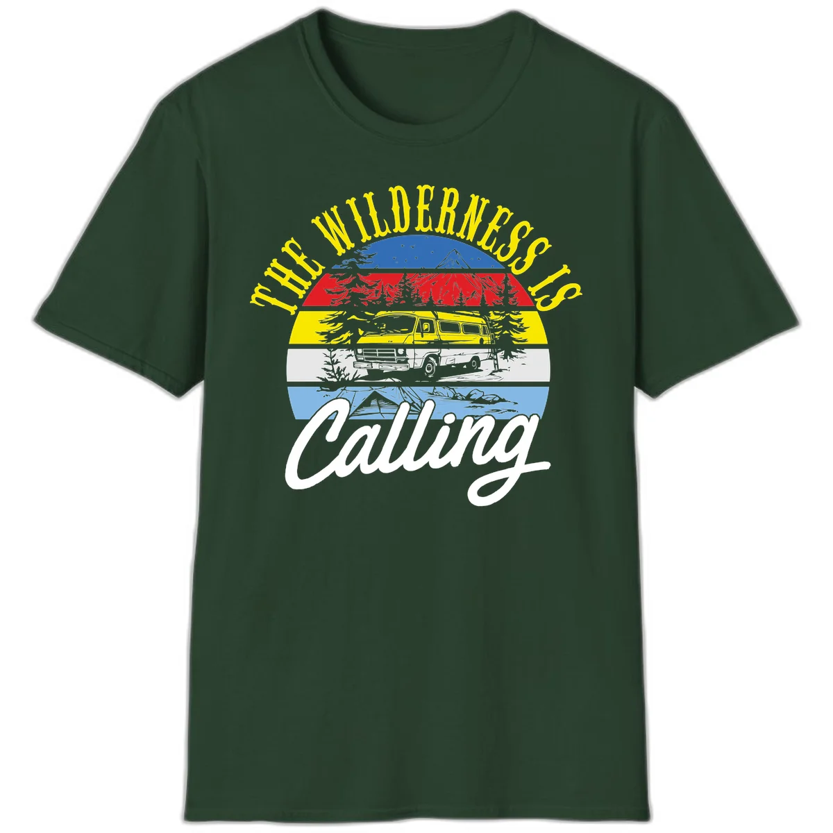 Wilderness is calling design with striped landscape, mountain, forest trees, and yellow camper van illustration in Forest Green