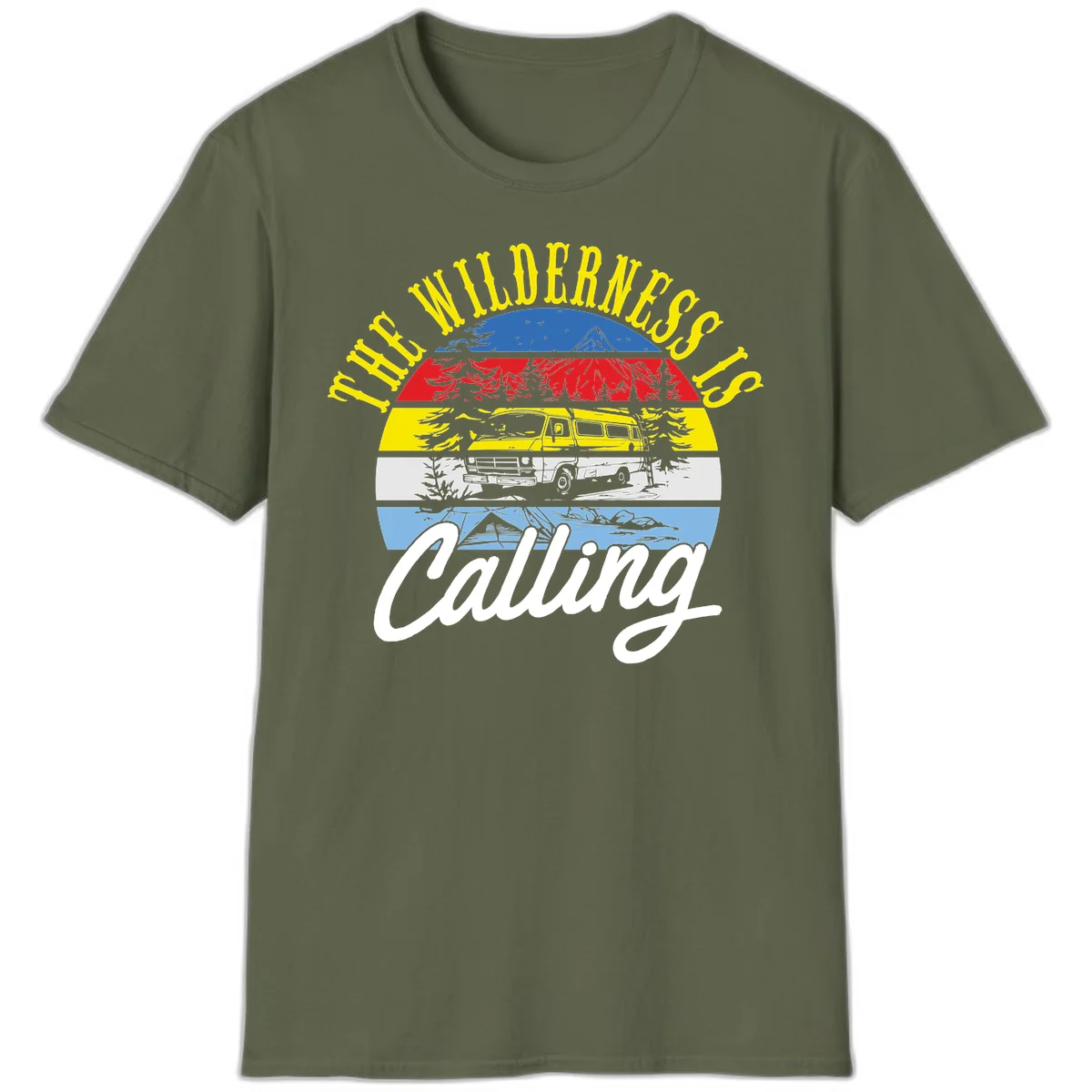 Wilderness is calling design with striped landscape, mountain, forest trees, and yellow camper van illustration in Military Green