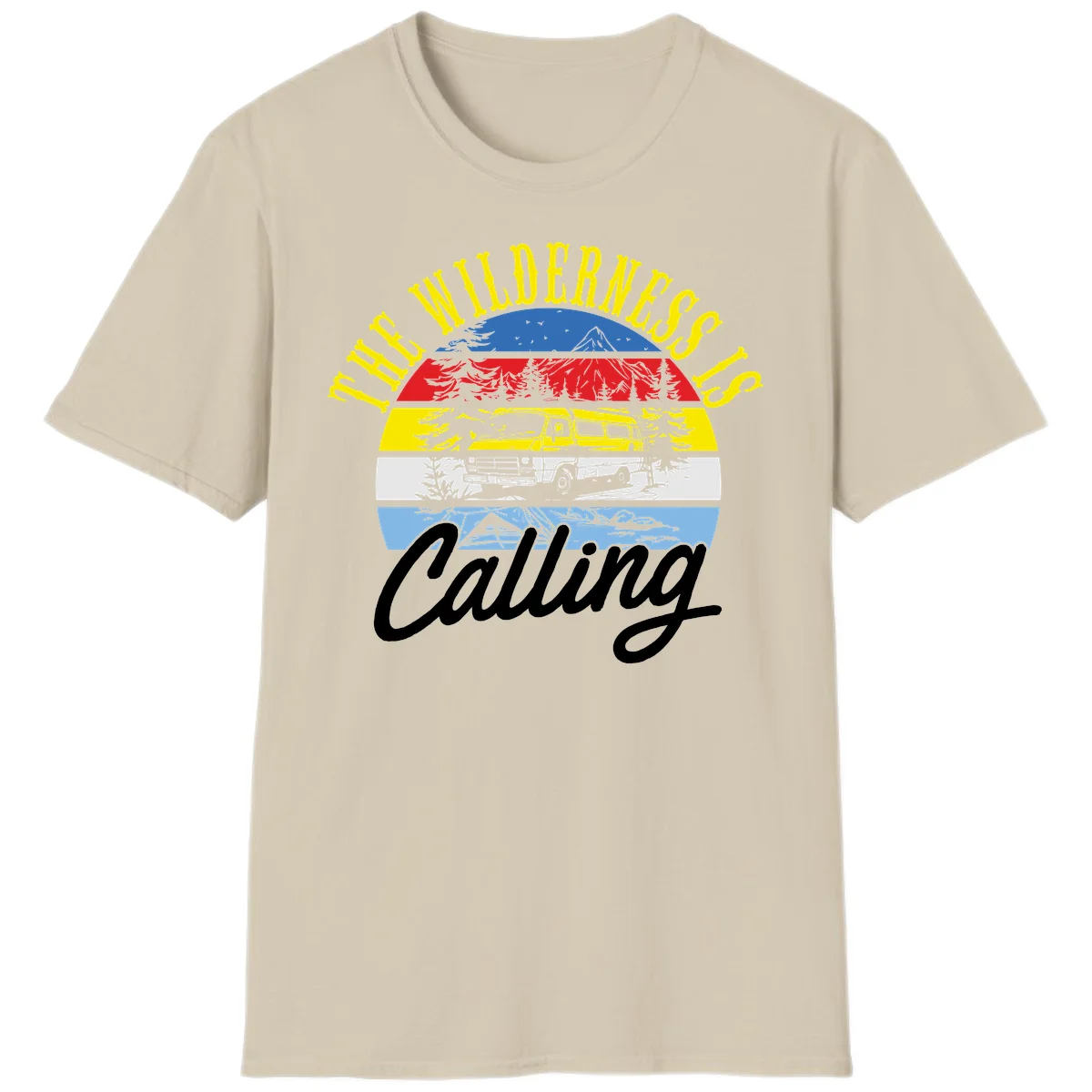Wilderness is calling design with striped landscape, mountain, forest trees, and yellow camper van illustration in Sand