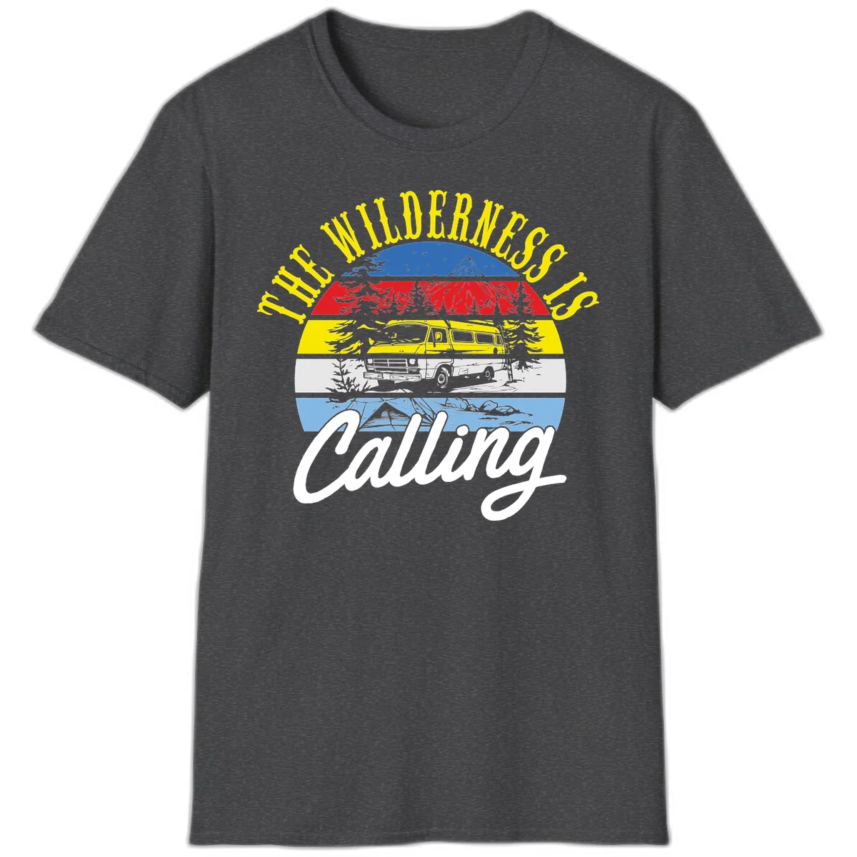 Wilderness is calling design with striped landscape, mountain, forest trees, and yellow camper van illustration in Dark Heather