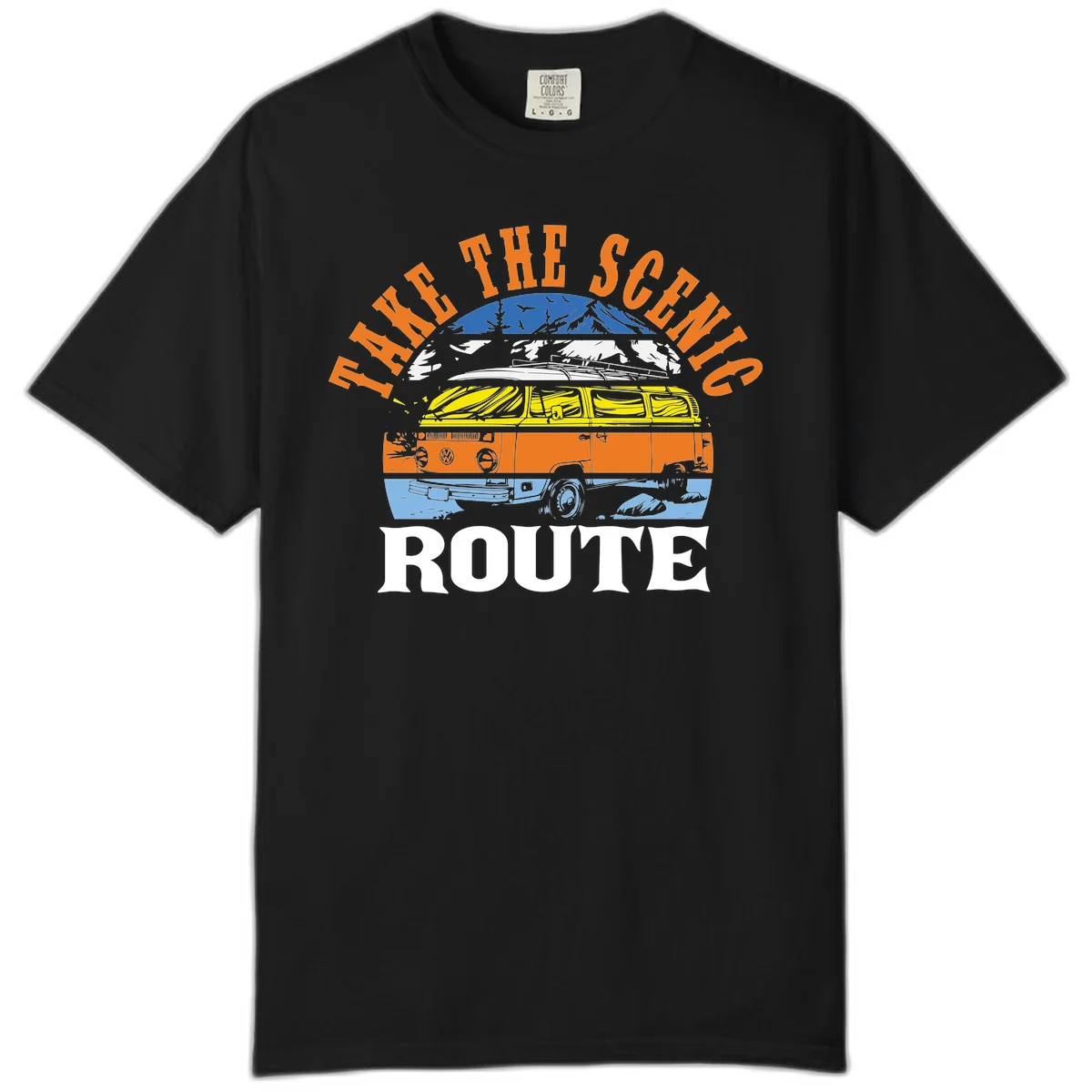 Stacked illustration showing mountain peak, kayak, VW camper bus, and vintage car with 'Hike The Seven Route' text for adventure travel apparel. in Black