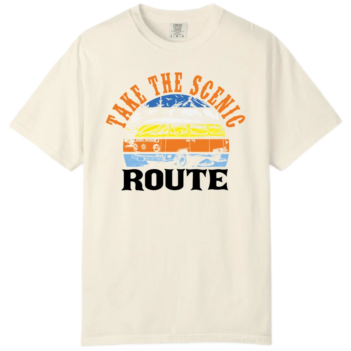 Stacked illustration showing mountain peak, kayak, VW camper bus, and vintage car with 'Hike The Seven Route' text for adventure travel apparel. in Ivory