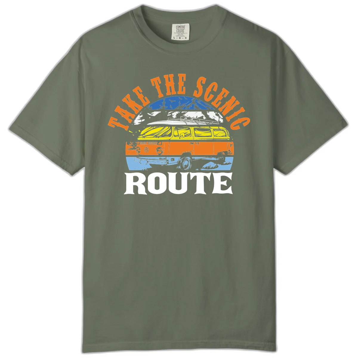 Stacked illustration showing mountain peak, kayak, VW camper bus, and vintage car with 'Hike The Seven Route' text for adventure travel apparel. in Moss