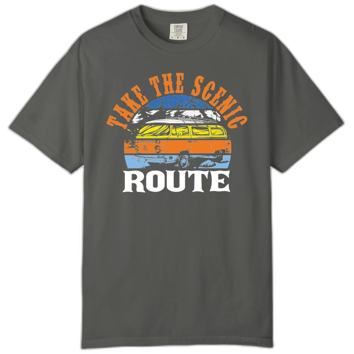 Stacked illustration showing mountain peak, kayak, VW camper bus, and vintage car with 'Hike The Seven Route' text for adventure travel apparel. in Pepper
