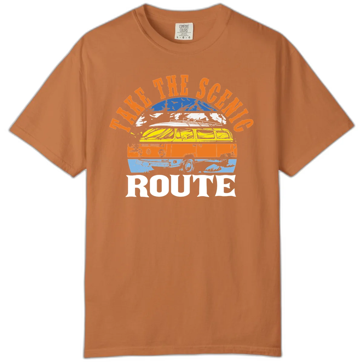 Stacked illustration showing mountain peak, kayak, VW camper bus, and vintage car with 'Hike The Seven Route' text for adventure travel apparel. in Yam