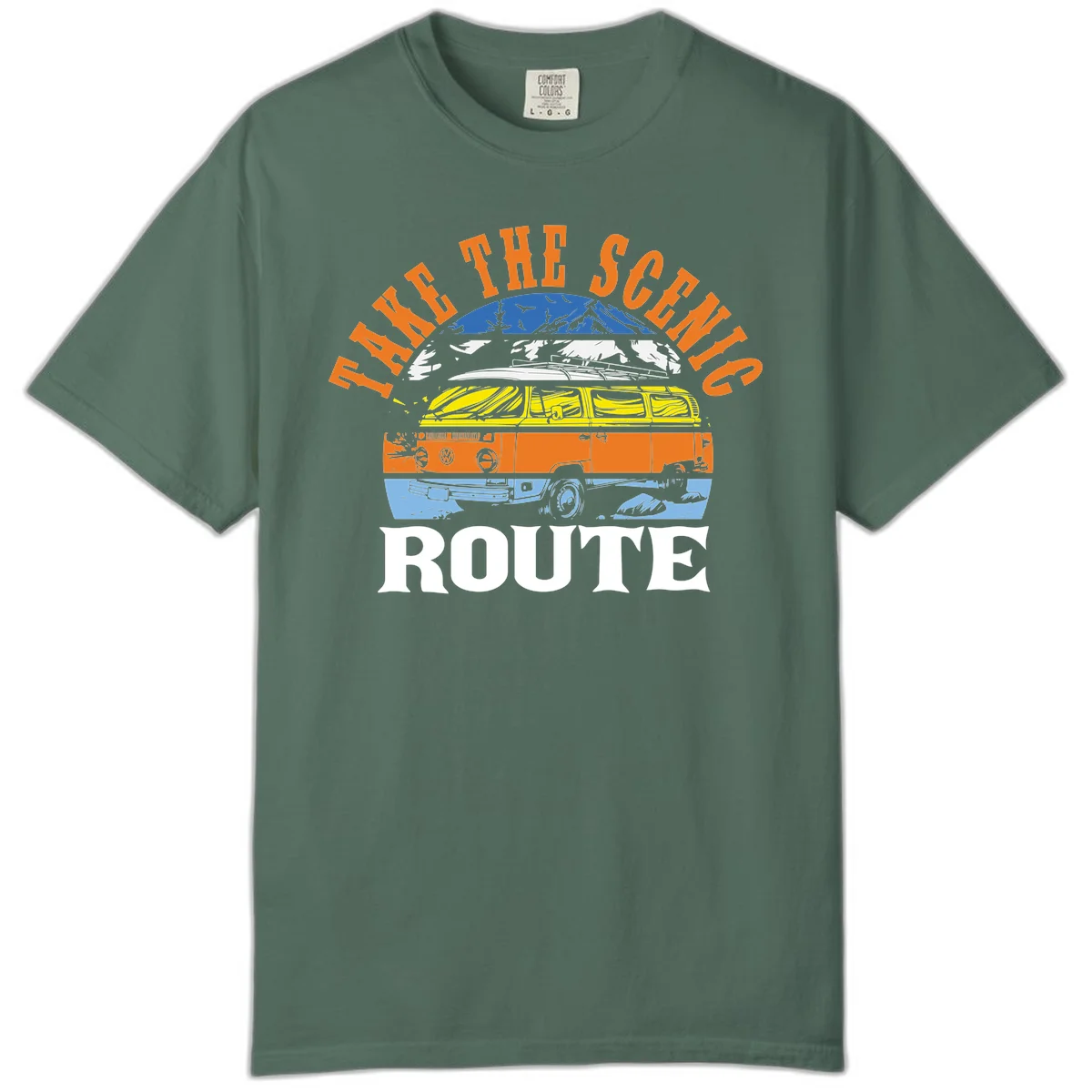 Stacked illustration showing mountain peak, kayak, VW camper bus, and vintage car with 'Hike The Seven Route' text for adventure travel apparel. in Blue Spruce