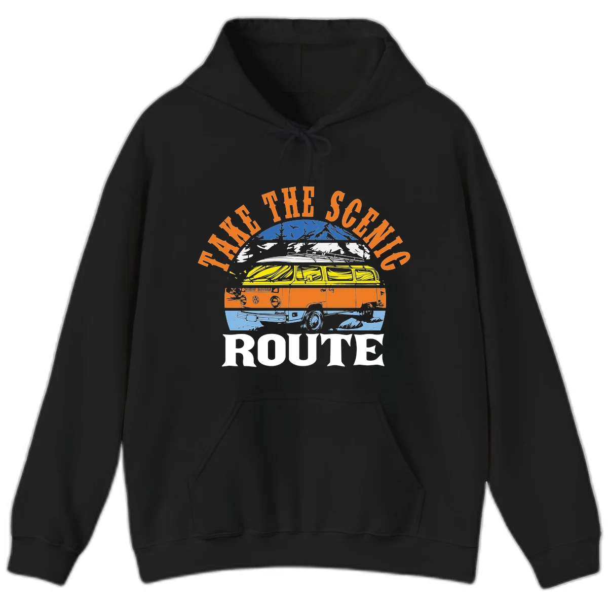 Stacked illustration showing mountain peak, kayak, VW camper bus, and vintage car with 'Hike The Seven Route' text for adventure travel apparel. in Black