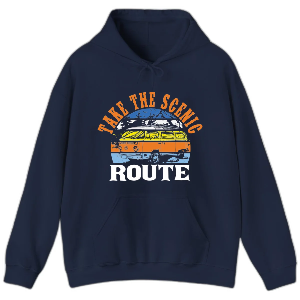 Stacked illustration showing mountain peak, kayak, VW camper bus, and vintage car with 'Hike The Seven Route' text for adventure travel apparel. in Navy
