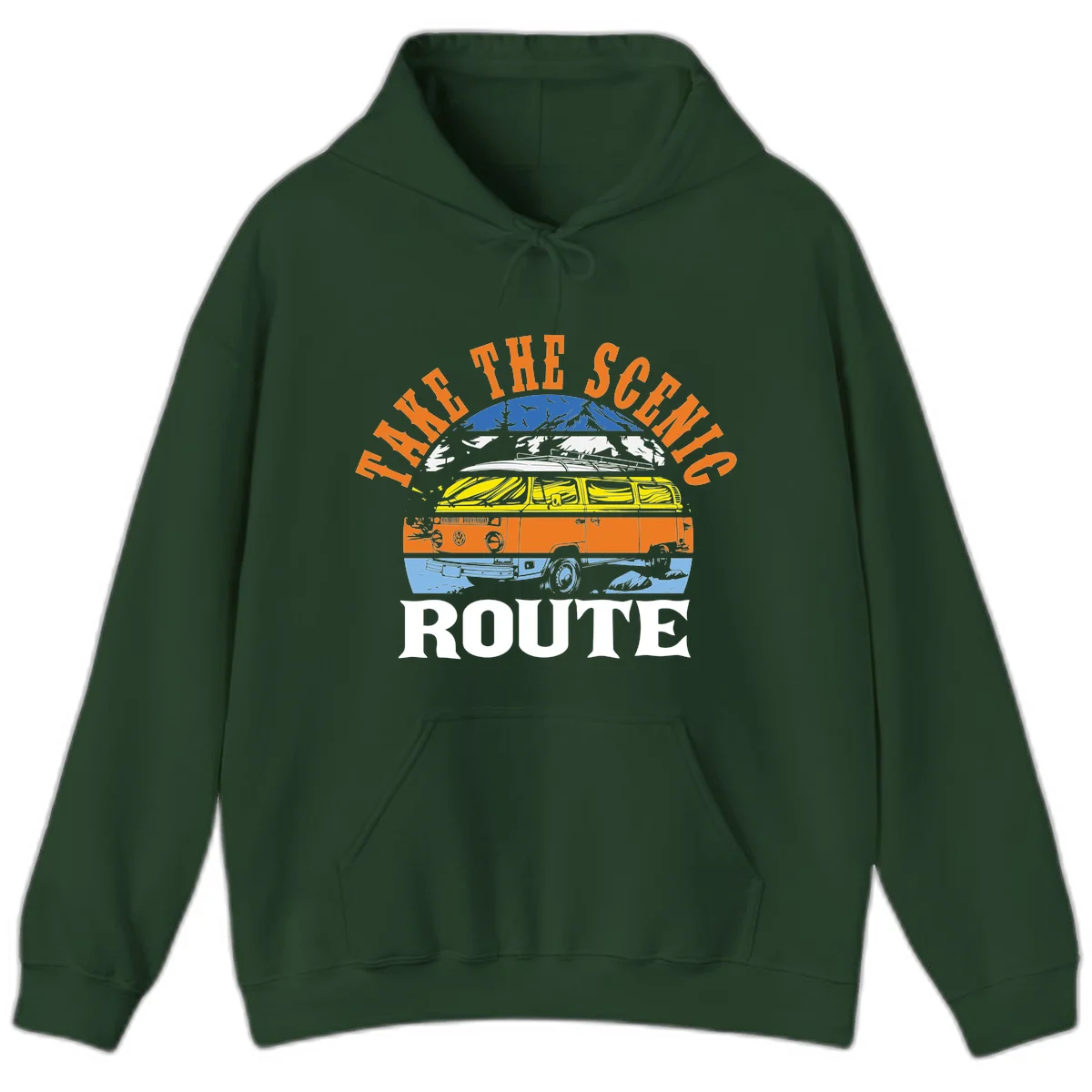Stacked illustration showing mountain peak, kayak, VW camper bus, and vintage car with 'Hike The Seven Route' text for adventure travel apparel. in Forest Green