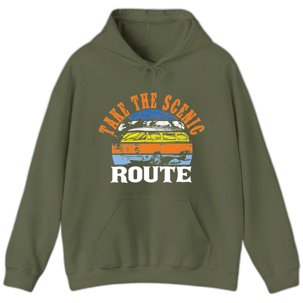 Stacked illustration showing mountain peak, kayak, VW camper bus, and vintage car with 'Hike The Seven Route' text for adventure travel apparel. in Military Green