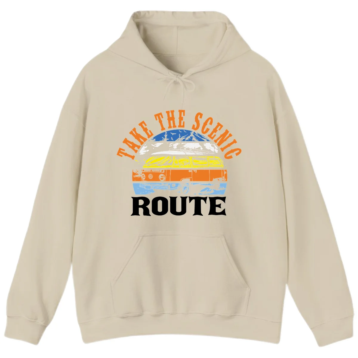 Stacked illustration showing mountain peak, kayak, VW camper bus, and vintage car with 'Hike The Seven Route' text for adventure travel apparel. in Sand