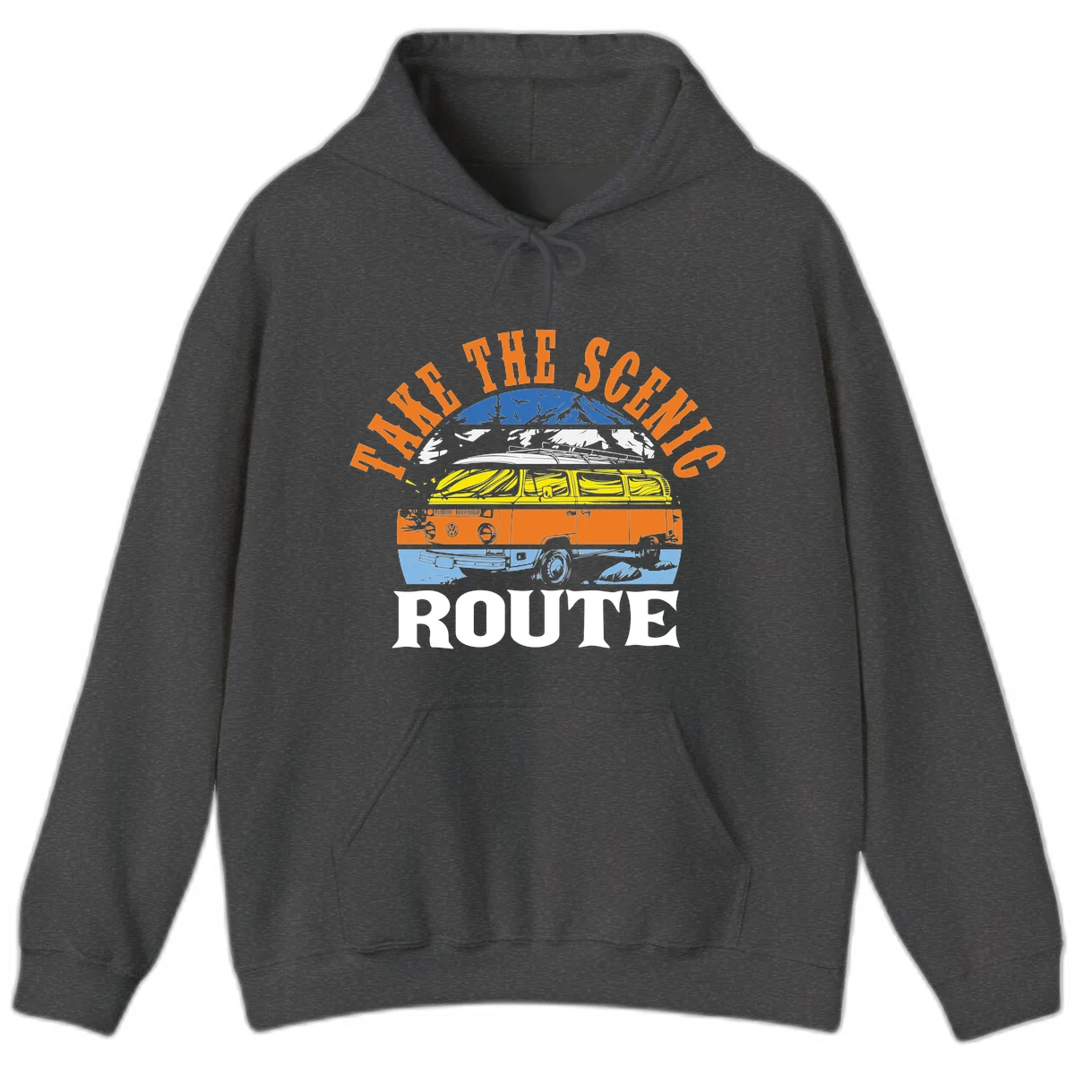 Stacked illustration showing mountain peak, kayak, VW camper bus, and vintage car with 'Hike The Seven Route' text for adventure travel apparel. in Dark Heather