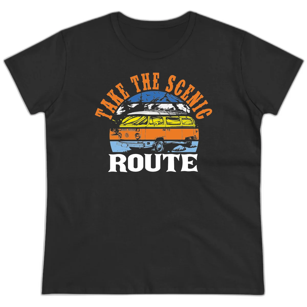 Stacked illustration showing mountain peak, kayak, VW camper bus, and vintage car with 'Hike The Seven Route' text for adventure travel apparel. in Black
