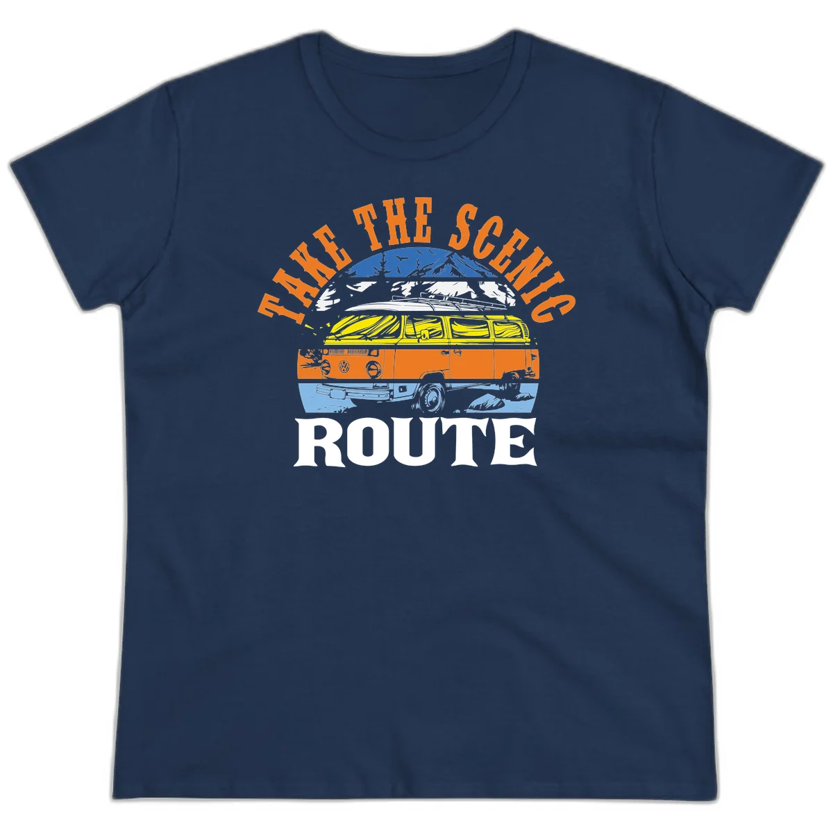 Stacked illustration showing mountain peak, kayak, VW camper bus, and vintage car with 'Hike The Seven Route' text for adventure travel apparel. in Navy