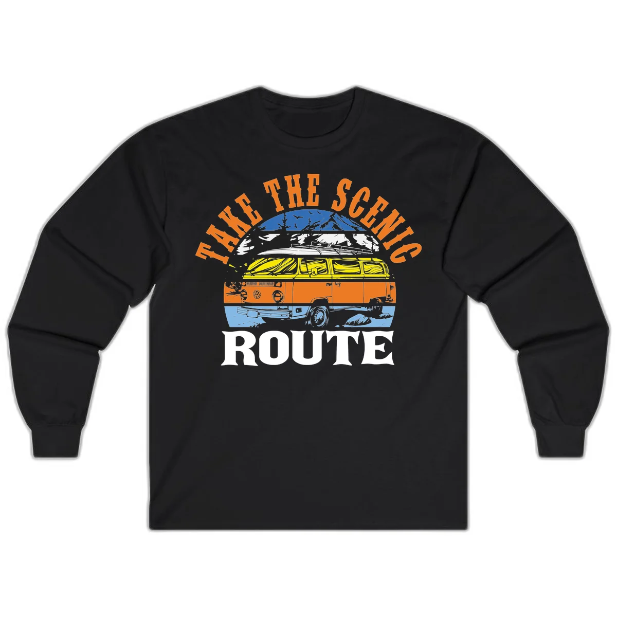 Stacked illustration showing mountain peak, kayak, VW camper bus, and vintage car with 'Hike The Seven Route' text for adventure travel apparel. in Black