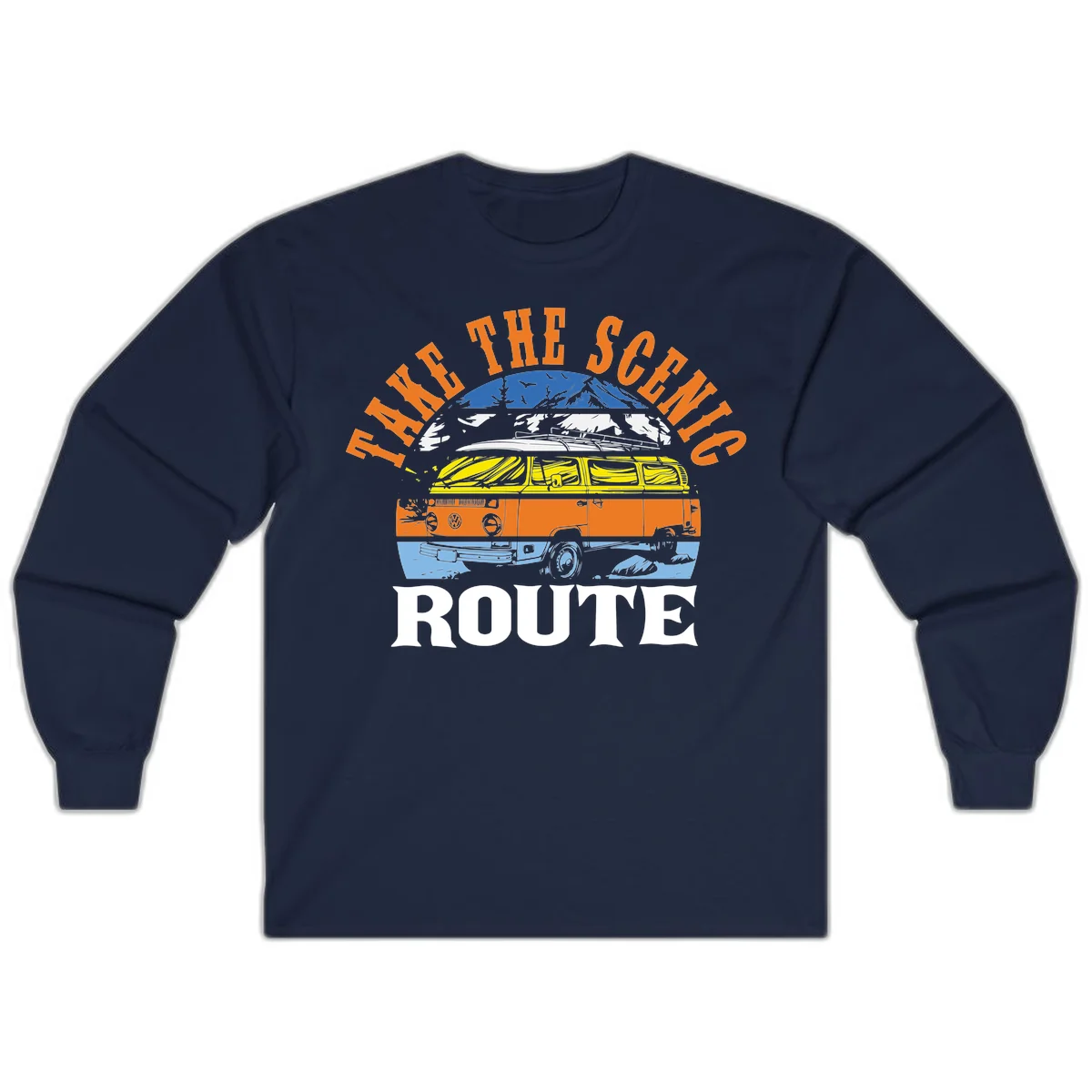Stacked illustration showing mountain peak, kayak, VW camper bus, and vintage car with 'Hike The Seven Route' text for adventure travel apparel. in Navy