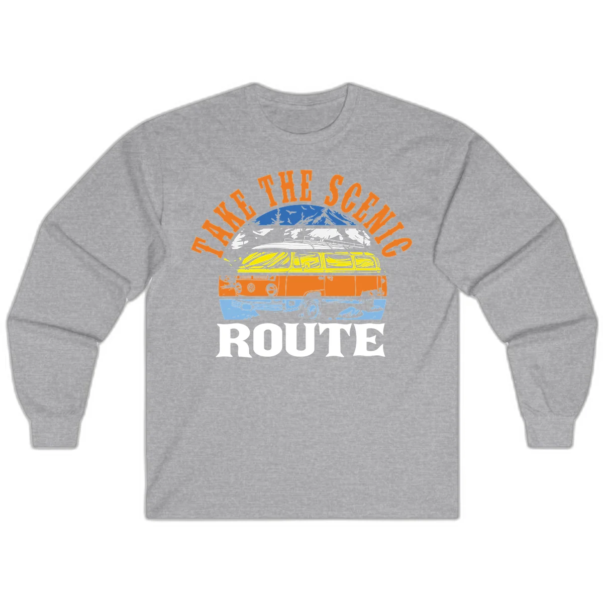 Stacked illustration showing mountain peak, kayak, VW camper bus, and vintage car with 'Hike The Seven Route' text for adventure travel apparel. in Sport Grey